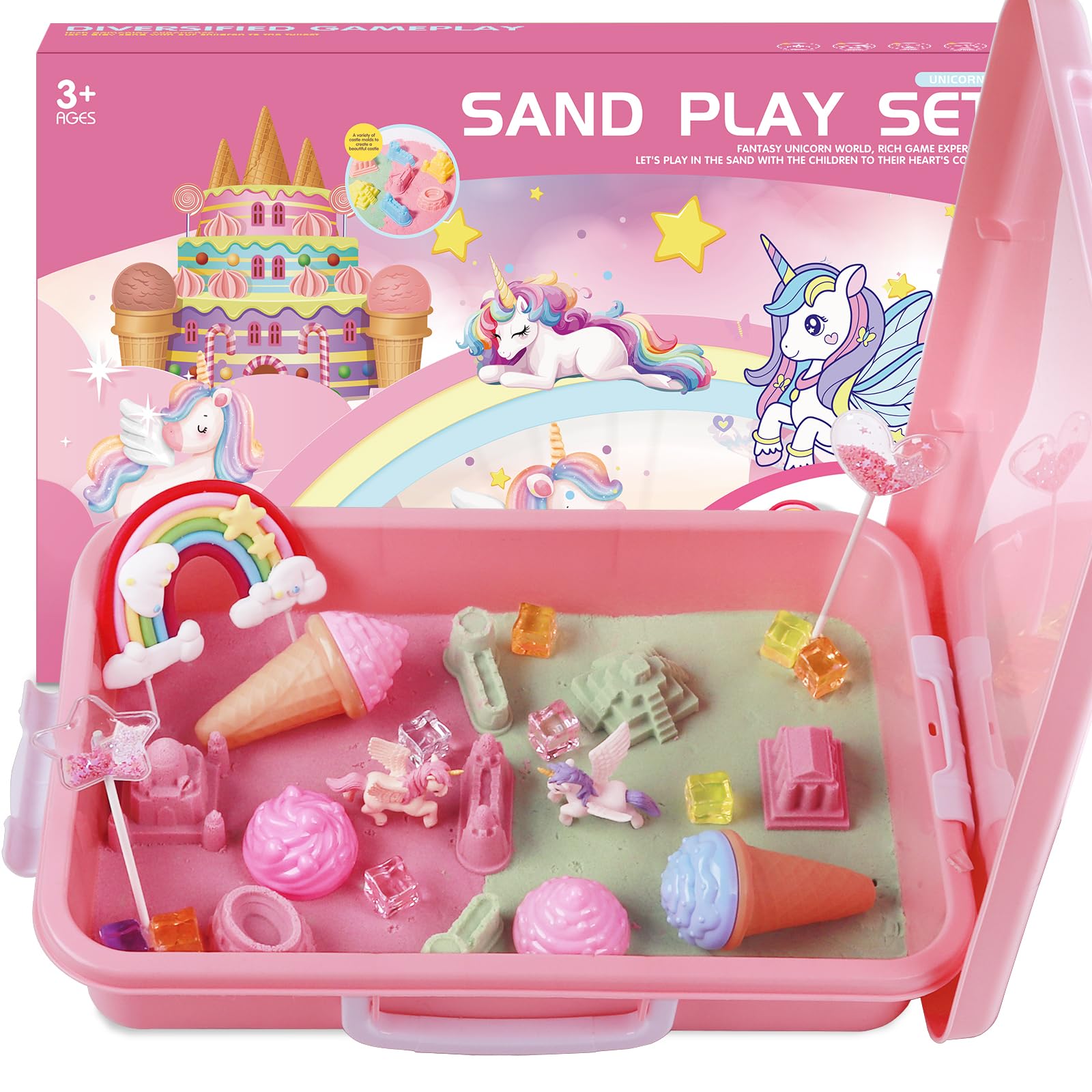 Aliex Juego Arena Mágica Unicornio, Arena Playa para Interiores con Maletín, Set Creativo Mundo de Unicornios – Incluye 1000g Arena Mágica y Accesorios, Regalo para Niñas y Niños de 3 a 8 Años