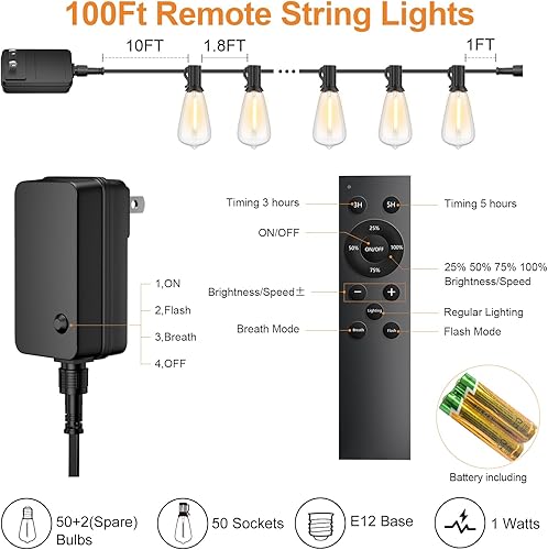 Miniatura 2 de Luces de Cadena para Exteriores de 100 Pies con Control Remoto, 50+2 Bombillas LED Impermeables Irrompibles Edison Regulables con Temporizador,