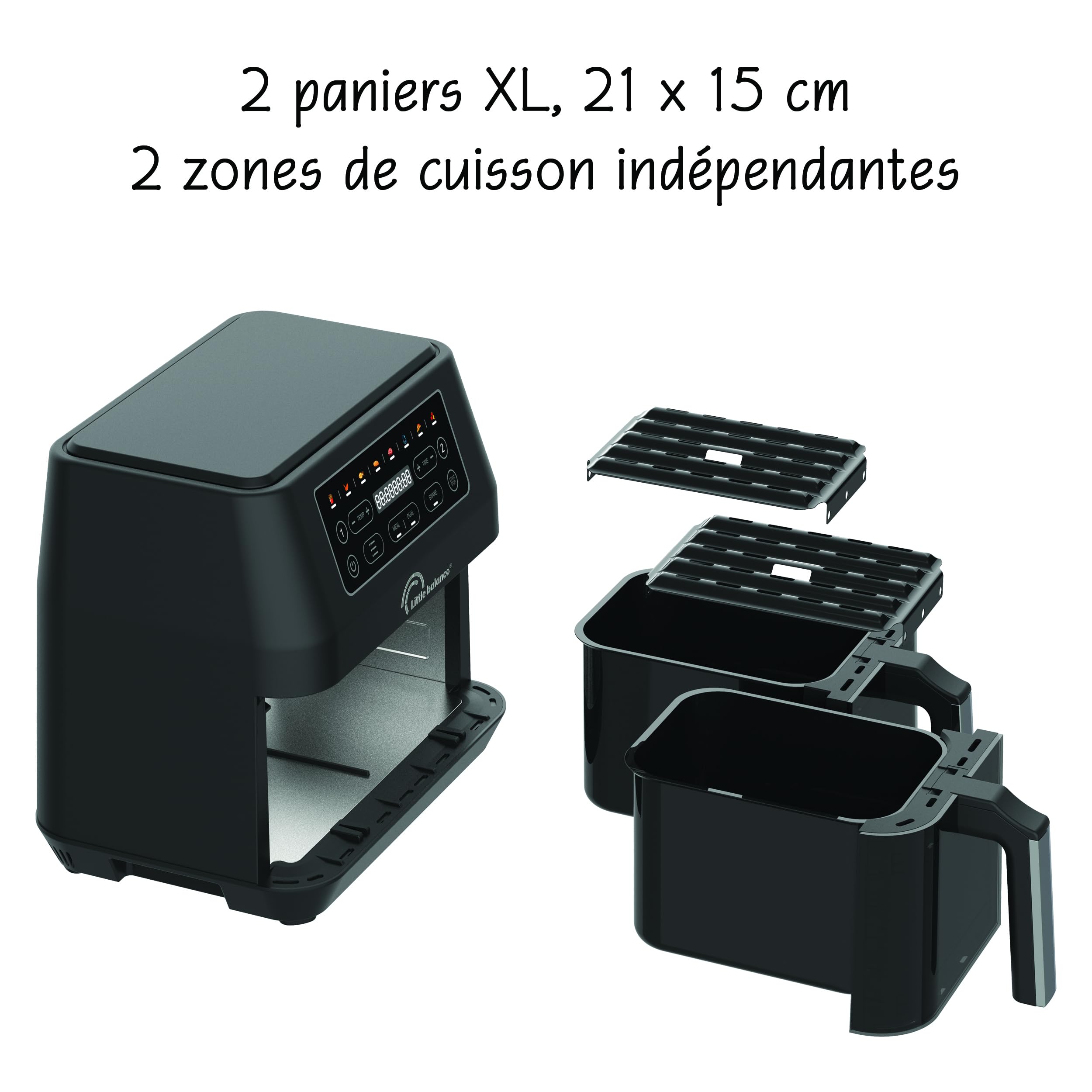 LITTLE BALANCE 8765 Crousty Light Duo, Frytkownica bezolejowa, Air Fryer, 2 szuflady, nieprzywierająca, bez PFAS, 8 predefiniowanych programów, 7,6 litra dla 6 osób, 2460 W, czarna