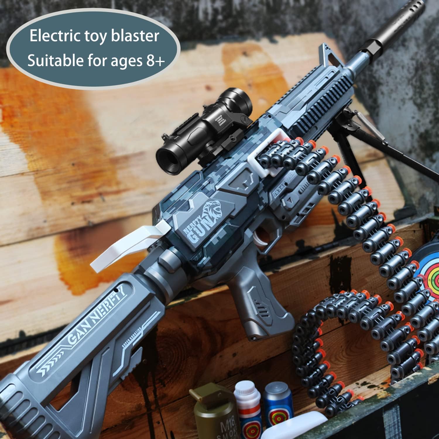 Toy Gun - Fucile da sparatutto con mirino telescopico e treppiede, giocattolo in schiuma con 24 proiettili, alimentato da batteria ricaricabile, fucile di raffreddamento con modalità automatiche, età