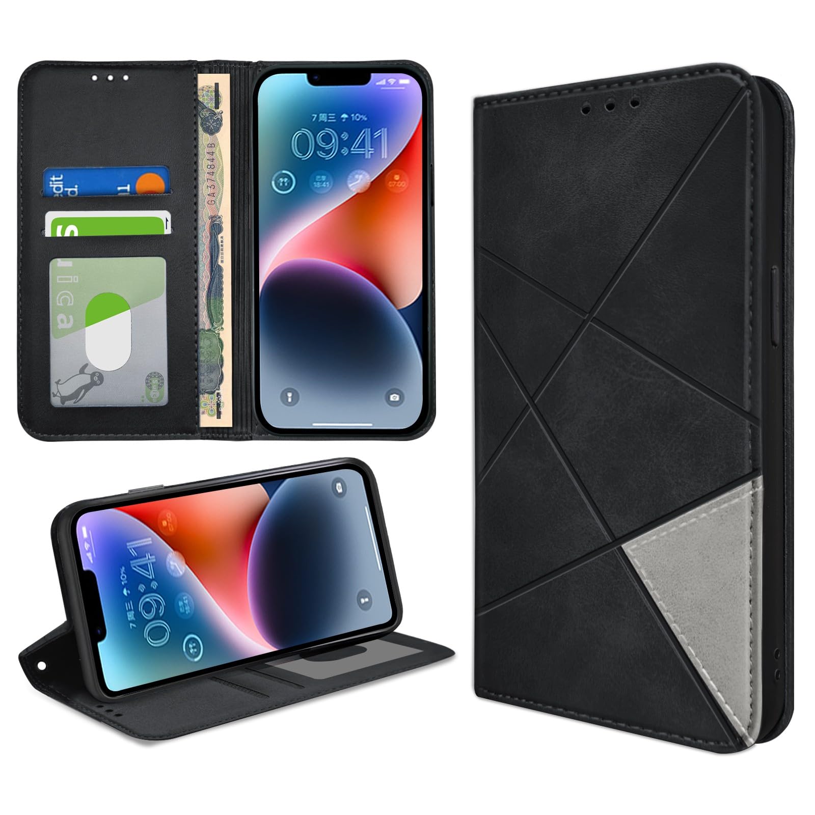 bjnosdv iPhone 14 Plus 用 ケース 手帳型 高級PUレザー マグネット式 アイフォン14 Plus 財布型 カバー 耐衝撃 スマホケース 横置きスタンド機能 カード収納 小銭入れ レンズ保護 擦り傷防止 落下防止 ストラップホール付き 6.7インチ(ブラック)