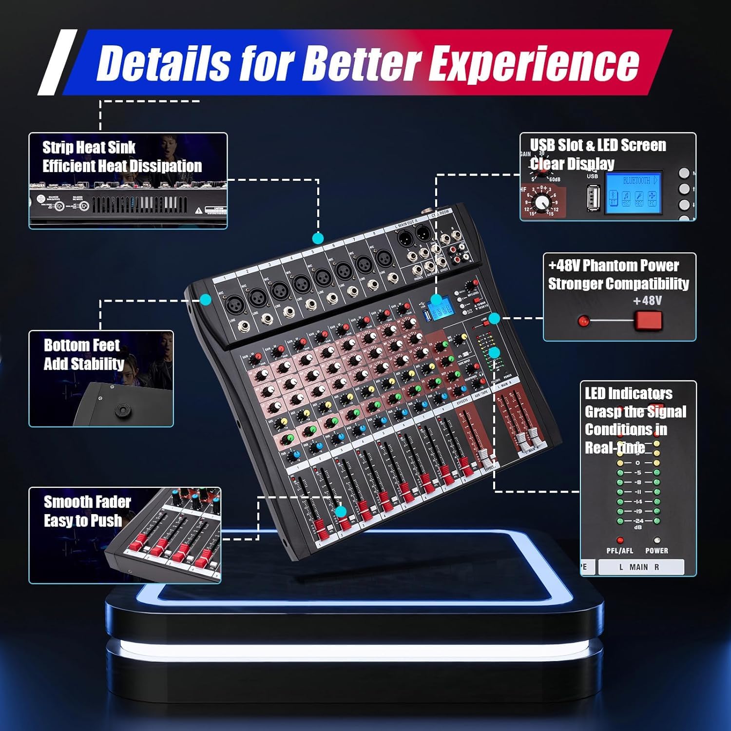 Mezcladora de Audio Profesional 8 Canales con Bluetooth, USB y +48V - Diseño Ultraplano y Portátil para Estudio en Casa, Podcast y Actuaciones,8 Channel
