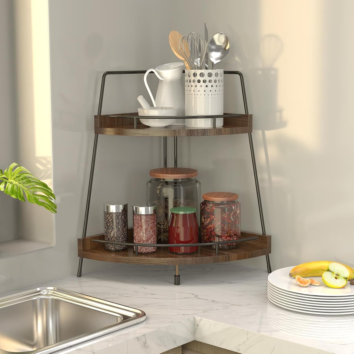 2-Tier Wooden Corner Vanity Shelf - Countertop Storage Organizer for Kitchen & Bathroom