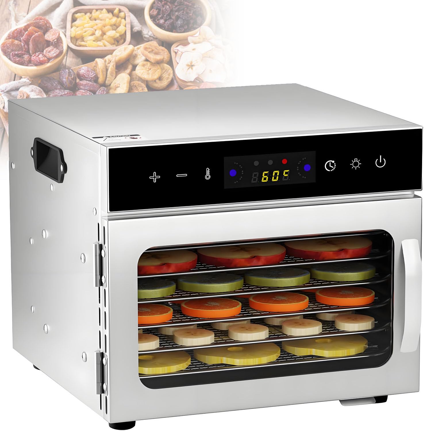 Essiccatore Alimentare Commerciale da 6/8/12/18 vassoi, essiccatore Alimentare in Acciaio Inossidabile - Temperatura Digitale Regolabile 30-90 ℃ per Frutta e Verdura 6-Trays