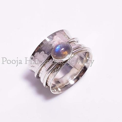 Pooja Handmade Jewelry Moonstone Gemstone Ring, 925 Sterling Silver Ring, Spinner Ring, Hammered Wide Band Ring, Anxiety Spinner Ring, Fidget