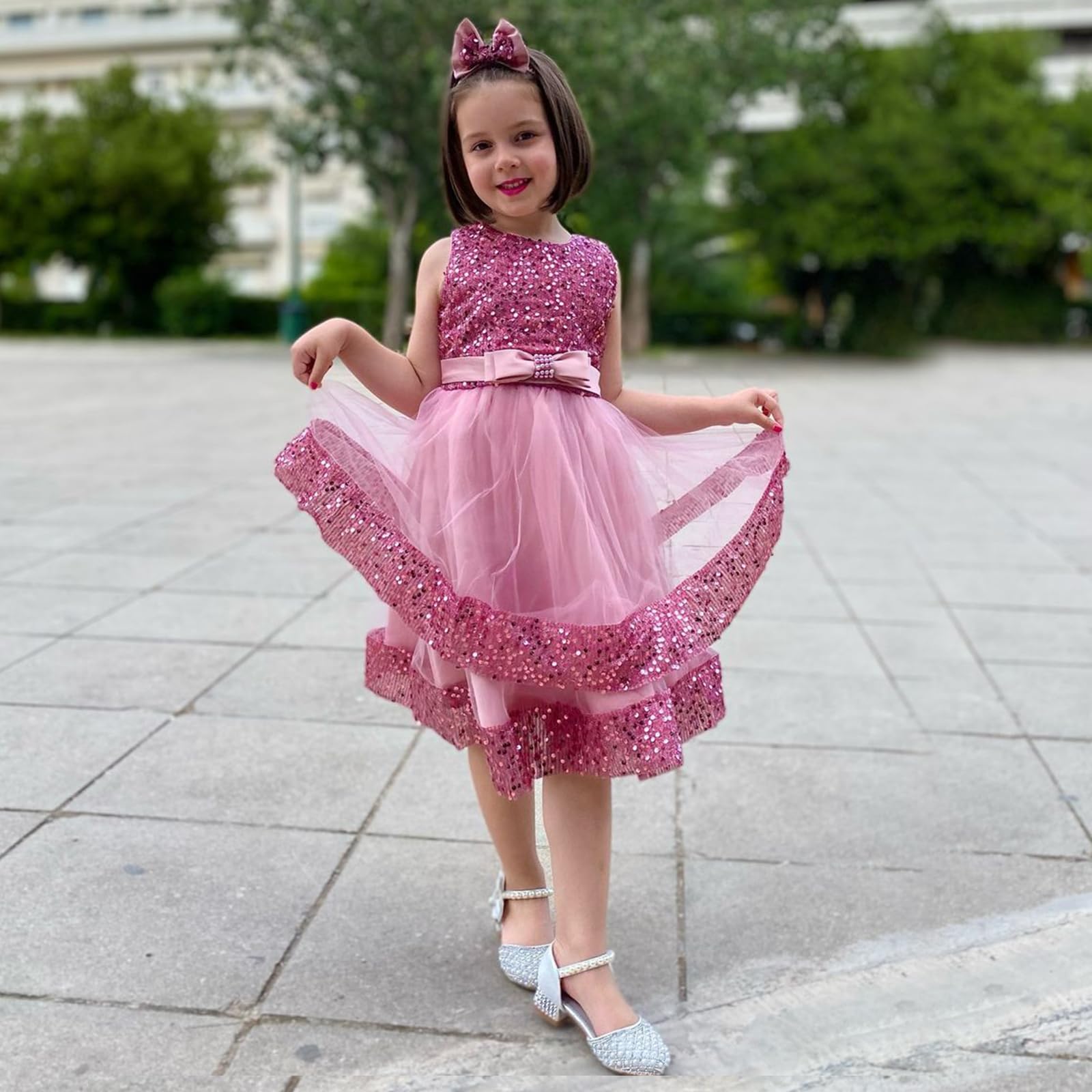 Miipat Bébé Fille Robe Bambin Princesse Tulle Sequins sans Manches Formelle Fleur Fille Robe pour La Fête Anniversaire Mariage