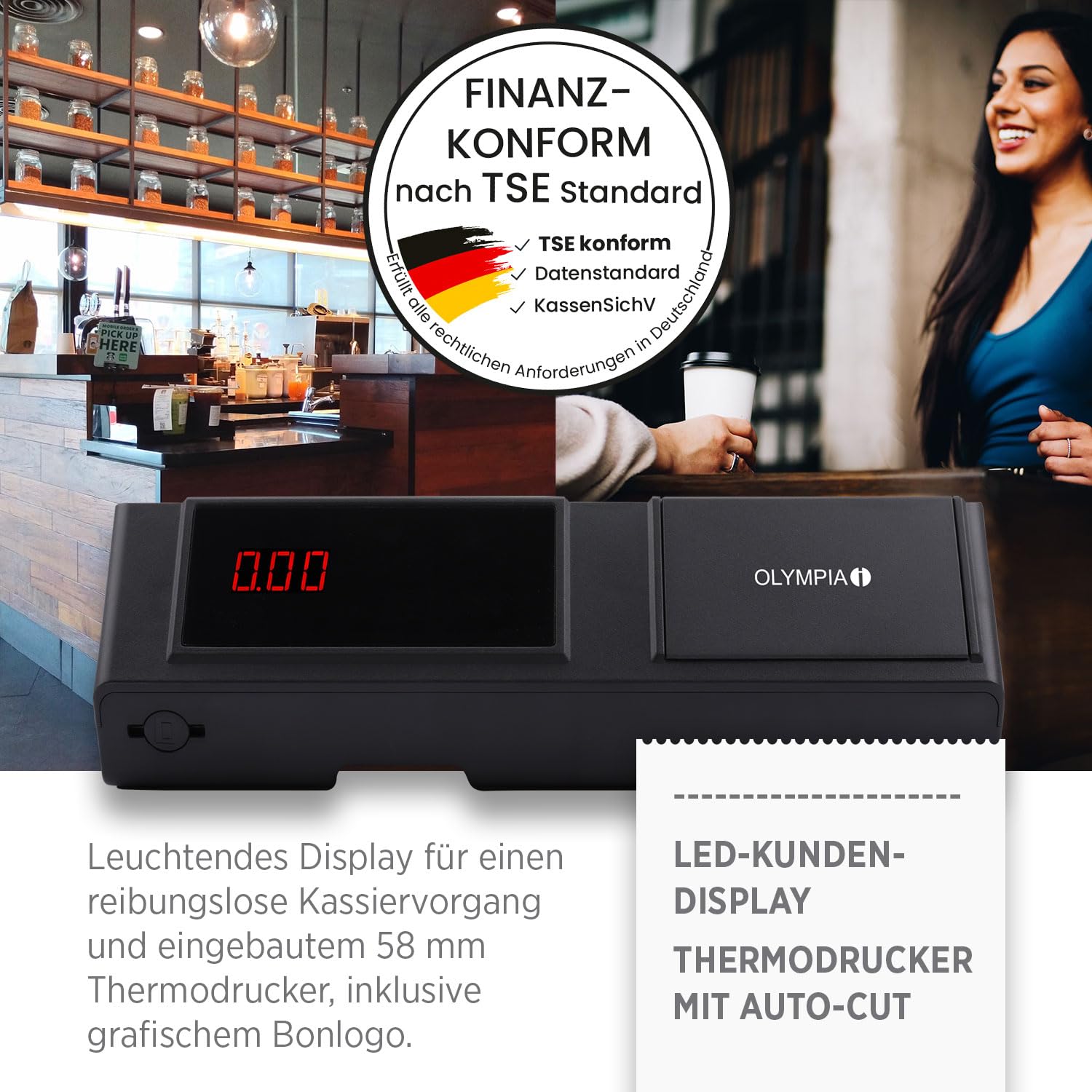 Olympia K200 Registrierkasse Touchdisplay 7 Zoll Android 11 58 mm Thermodrucker Hubtastatur 48 Tasten LED-Anzeige