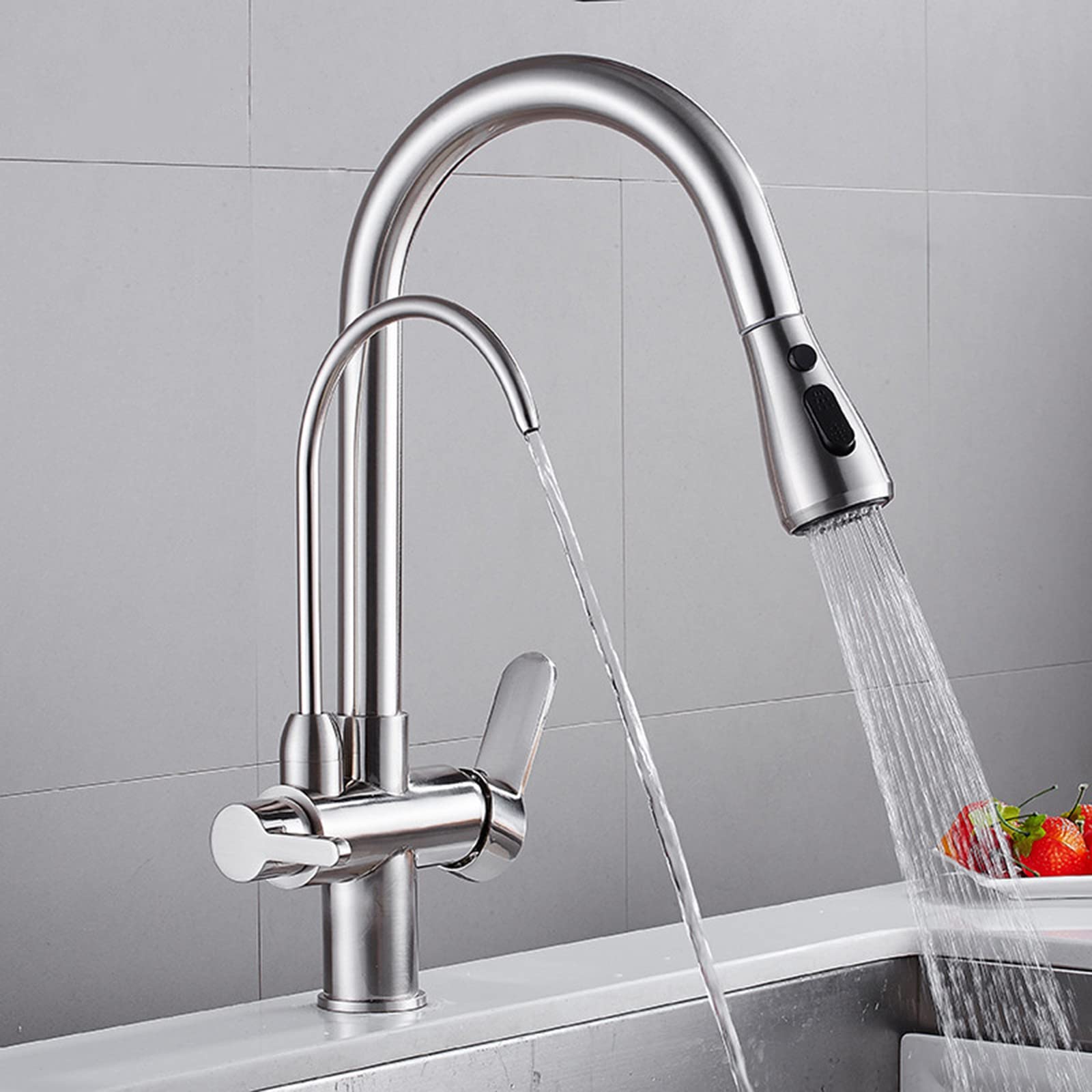 Grifo Osmosis 3 Vias Grifos Cocina Fregadero Extraible 2 Modos Grifo 3 Vias Osmosis Extraible Giratoria 360° Arco Alto Grifo Mezclador Cocina Grifería Fregadero,Cepillado