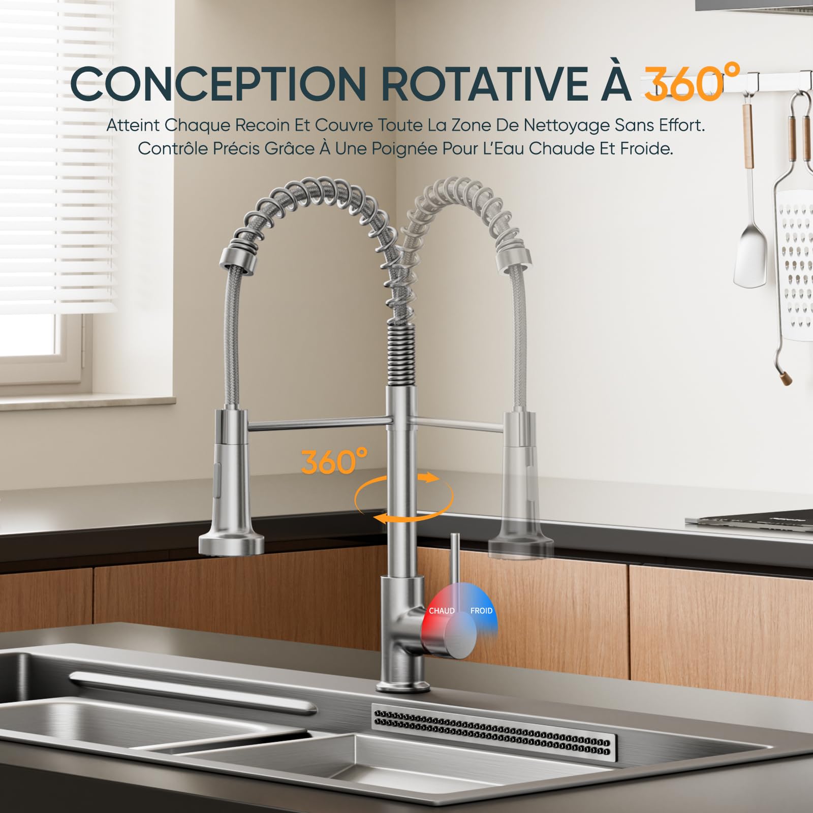 BESy Robinet de Cuisine avec Douchette Extractible, Pulvérisateur Escamotable à 2 Modes de Pulvérisation, Mitigeur Évier Monocommande 360° Pivotant à Arc Élevé, Nickel Brossé