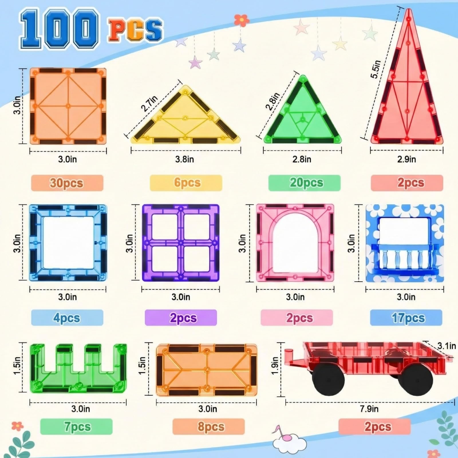 Magnetic Tiles Set 100PCS with 2 Car, Strong Magnetic Tiles for kids Ages 3-8 - Image 3