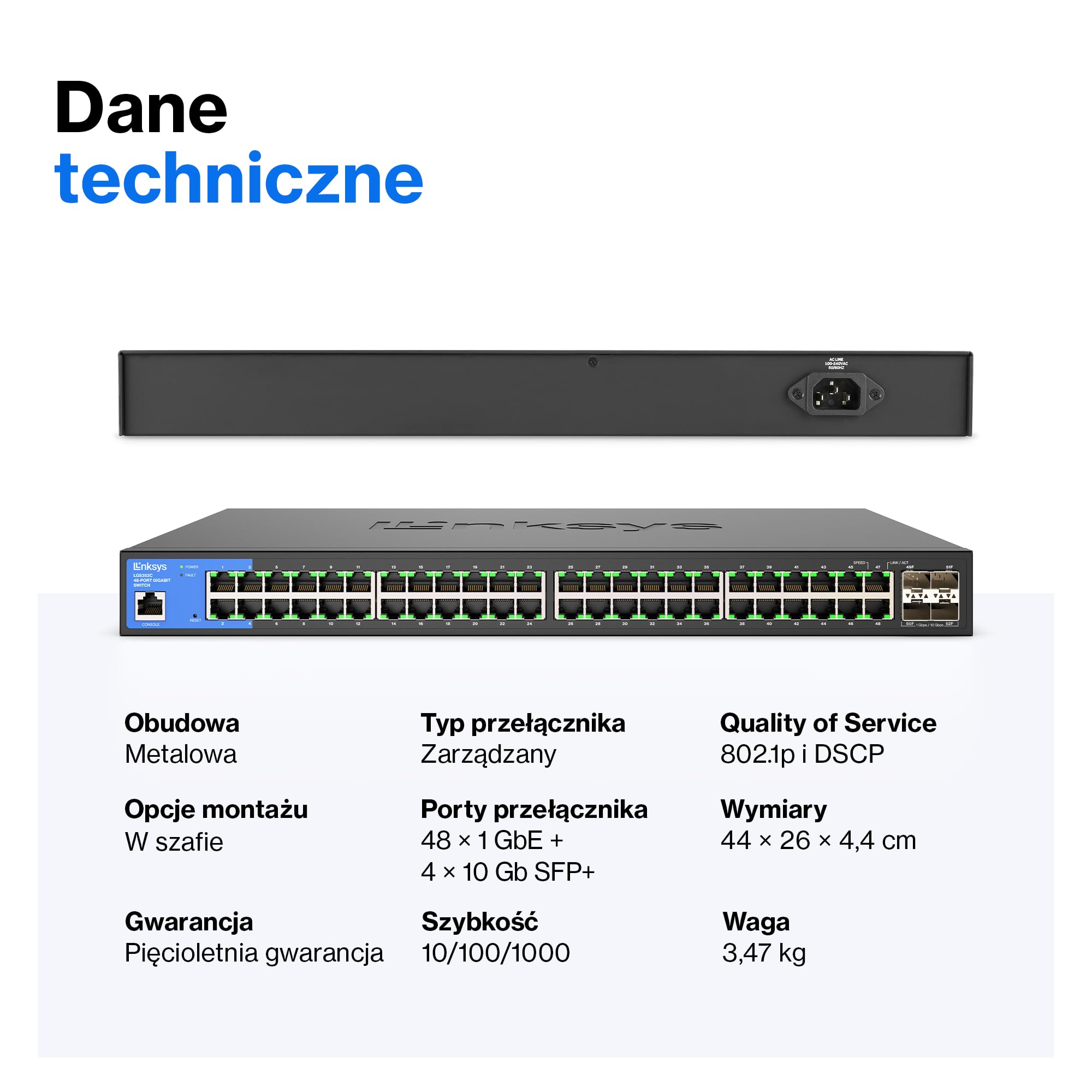 Linksys 48-portowy zarządzalny przełącznik Gigabit Ethernet z 4 łączami nadrzędnymi 10G SFP+