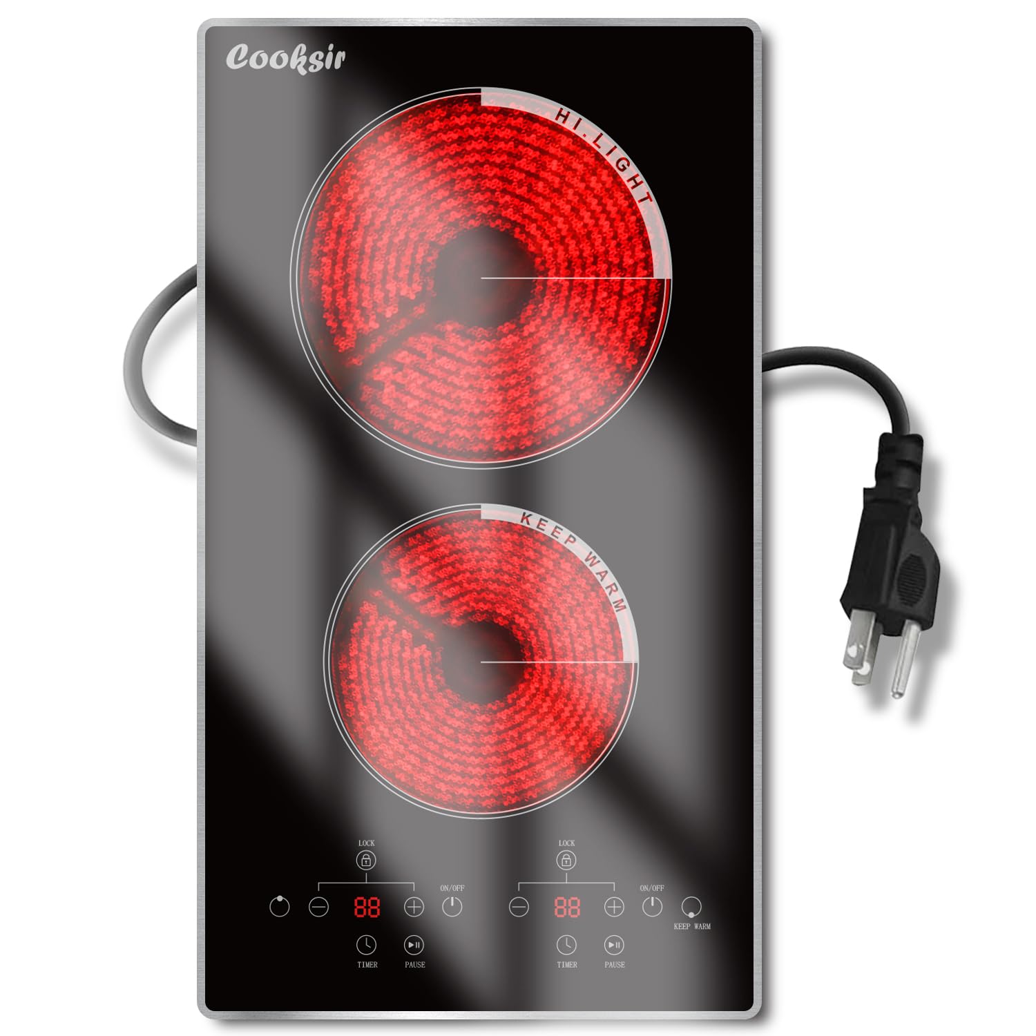 Portable Electric Cooktop 2 Burner, 110V Plug in Electric Stovetop with Protective Full Metal Edge, 12 Inch Countertop & Built-in Ceramic Cooktop with Safety Lock, Timer, Sensor Touch