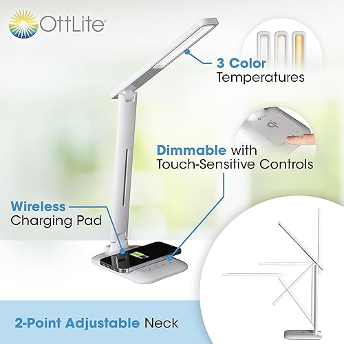 Miniatura 2 de OttLite Lámpara de escritorio LED Charge Up con carga inalámbrica y tecnología LED ClearSun, 3 modos de temperatura de color, cuello ajustable,