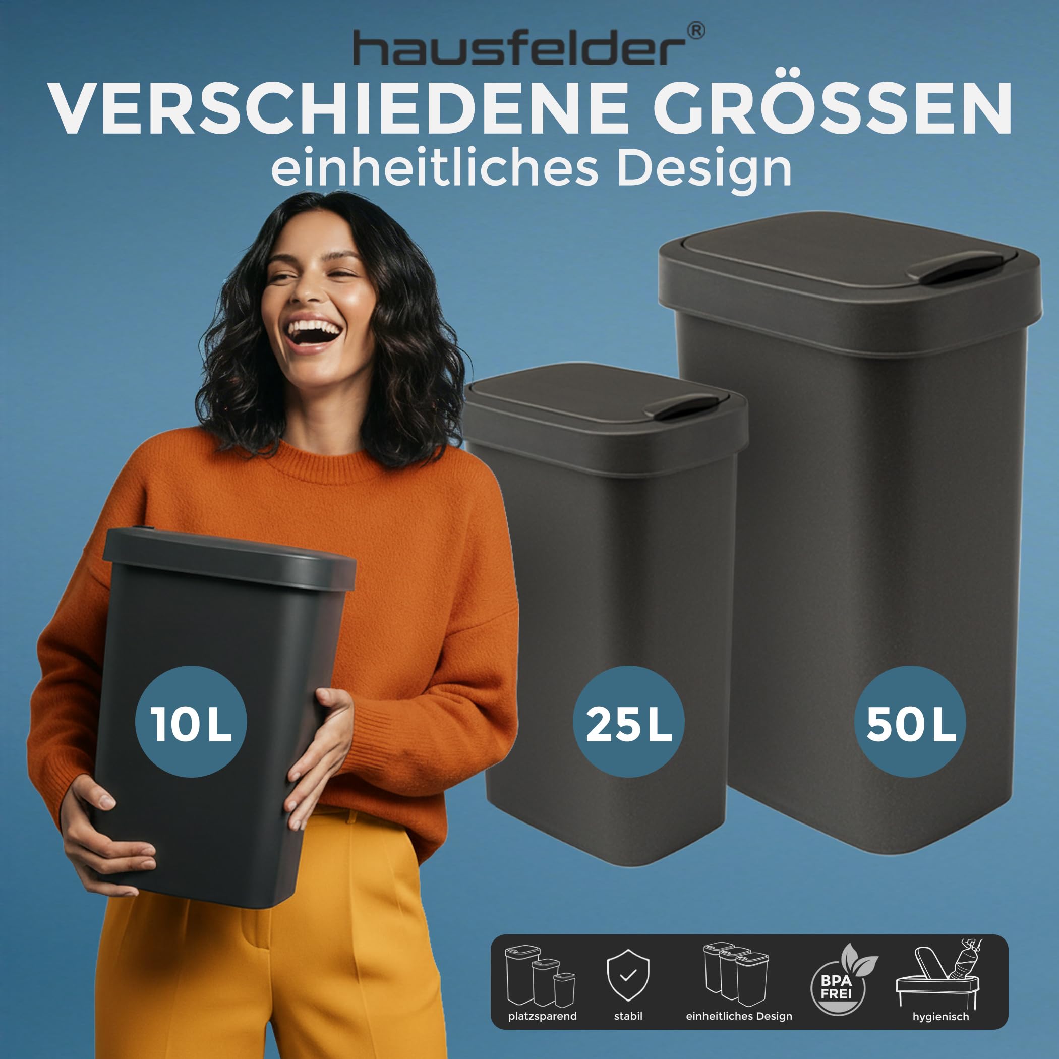 Hausfelder Mülleimer, 3er Set, 3x25, Schwarz | 3er Set, 3x25, für Küche, mit Deckel, Mülleimer, schwarz, Abfalleimer