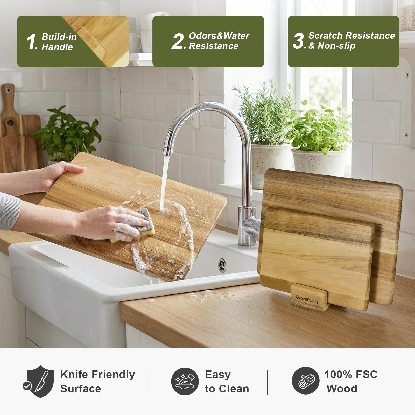 Grove Platin Set de 3 Planches à Découper en Bois de Teck – 3 Tailles avec Support de Rangement – Planches Réversibles Hygiéniques et Robustes – Billot Bois Massif pour Cuisine