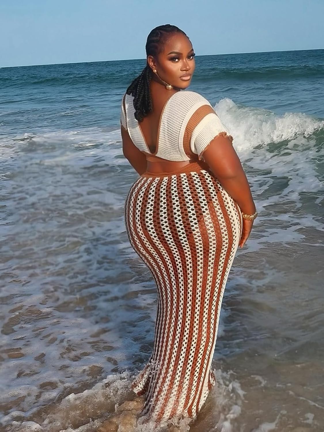 Womens Knit 2 Piece Outfits Short Sleeve Hollow Out Top Striped Maxi Skirt Summer Vacation Sets - Image 4