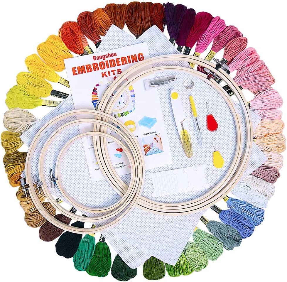 BangShou Embroidery Starter Kit, Cross Stitch Tool with 50 Colors Threads, 5 Pieces Bamboo Hoops,Needle Threaders for Kids, Adults& Beginners