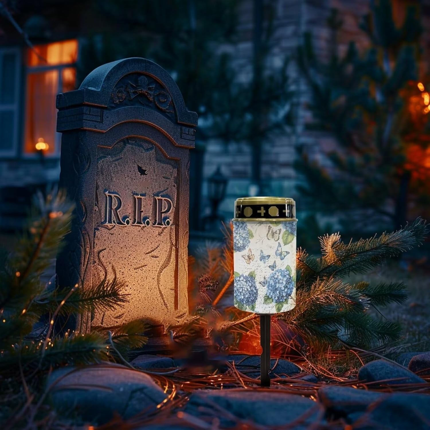 Poceacles Solar Grave Lights for Cemetery Outdoor Waterproof Grave Decorations LED Flameless Candles Outdoor Solar Lights Solar Lamp for Lawn Yard, Blue Hydrangea Flower Butterfly Letter, Pack of 4