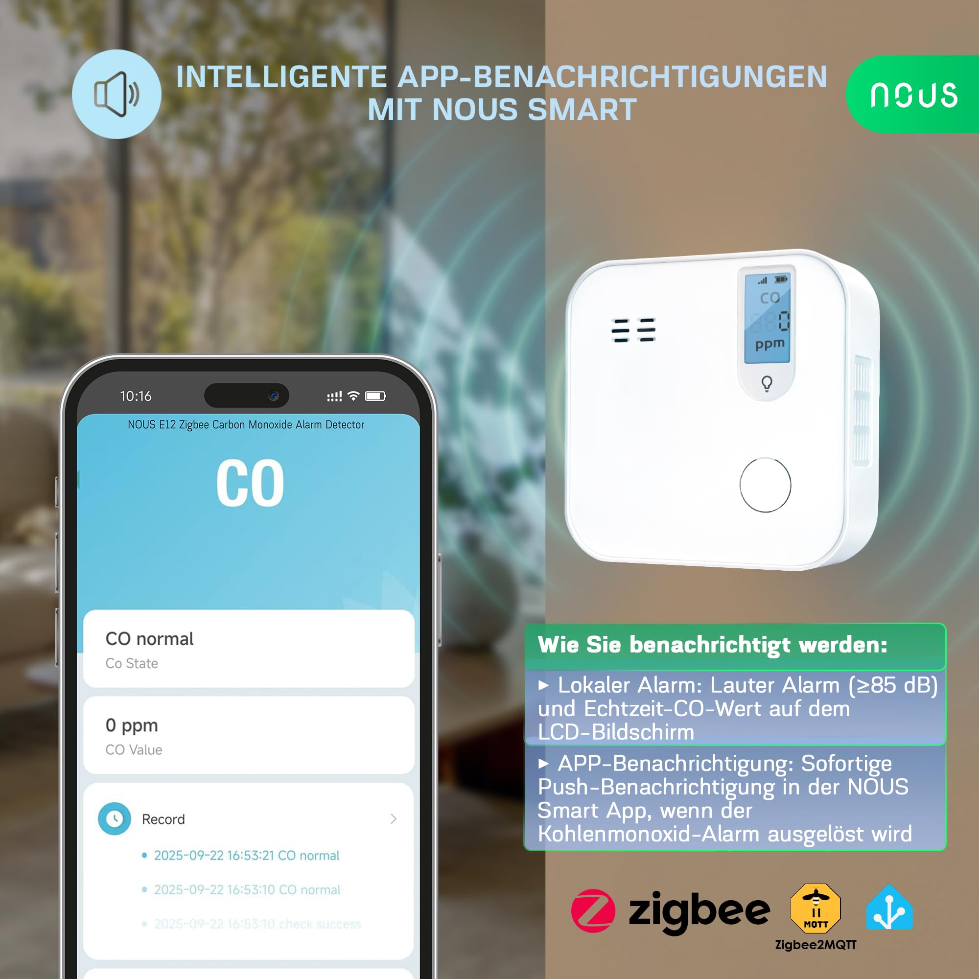 NOUS E12 ZigBee Kohlenmonoxidmelder mit LCD-Anzeige, 85 dB Alarm, App-Benachrichtigung, 10 Jahre Sensordauer, kompatibel mit Alexa & Google Home