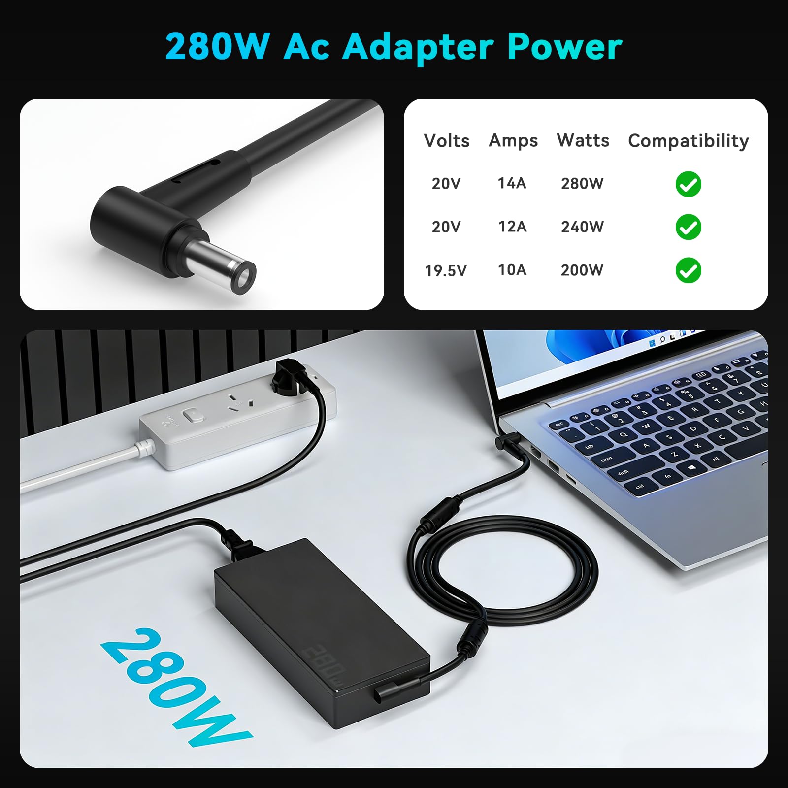 280 W Laptop zasilacz ładowarka do Asus ROG Strix G15 G16 G17 G18 Scar 15 17 Scar/Hero II/Rog Flow X16, ASUS TUF A16 F16 Zephyrus G14 G15 G16 M15 S17 Duo 15 15 16 ProArt/Vivobook kabel do ładowania