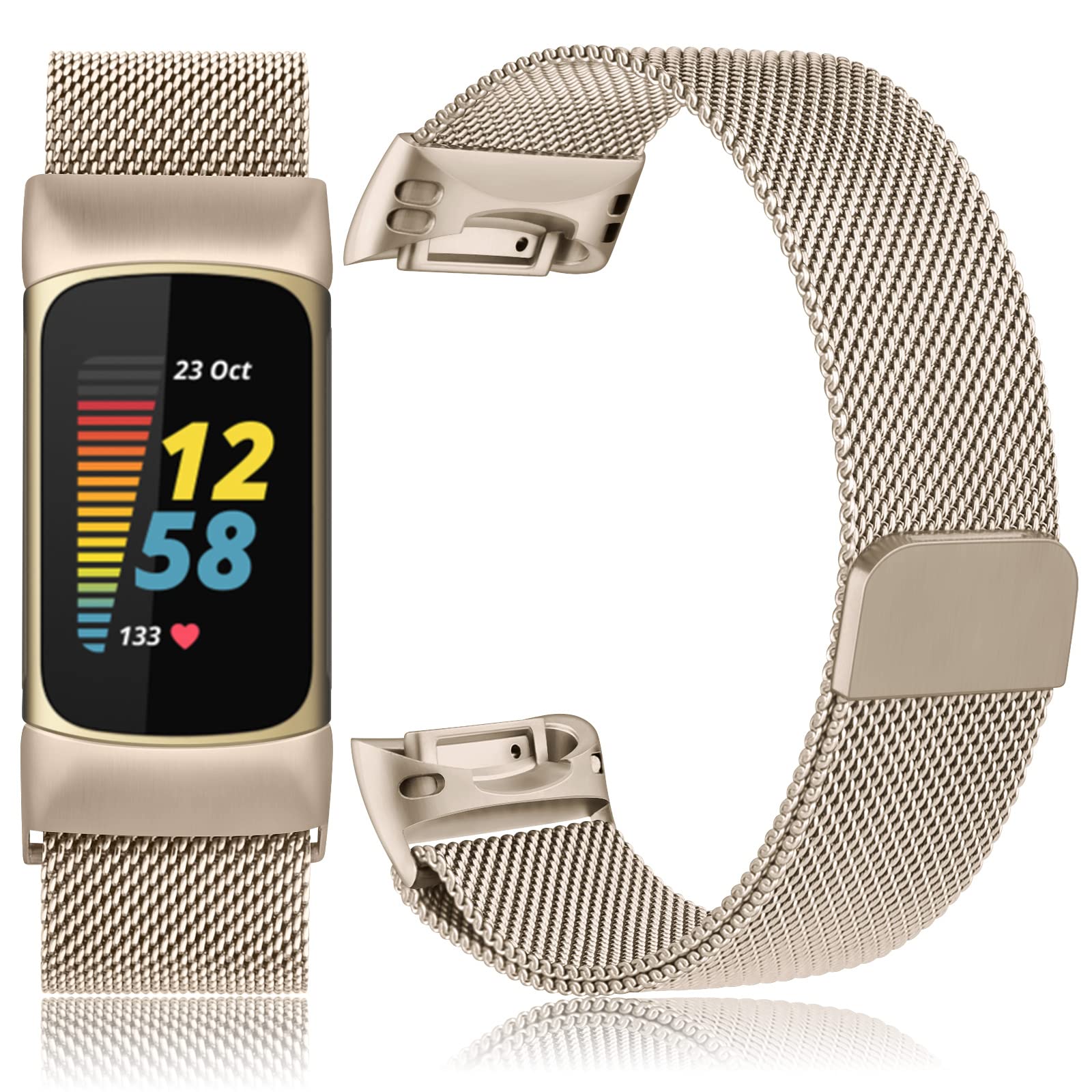 Stainless Steel Mesh Loop Band for Fitbit Charge 6/5, Magnetic Clasp for Women and Men (Champagne) - Image 3