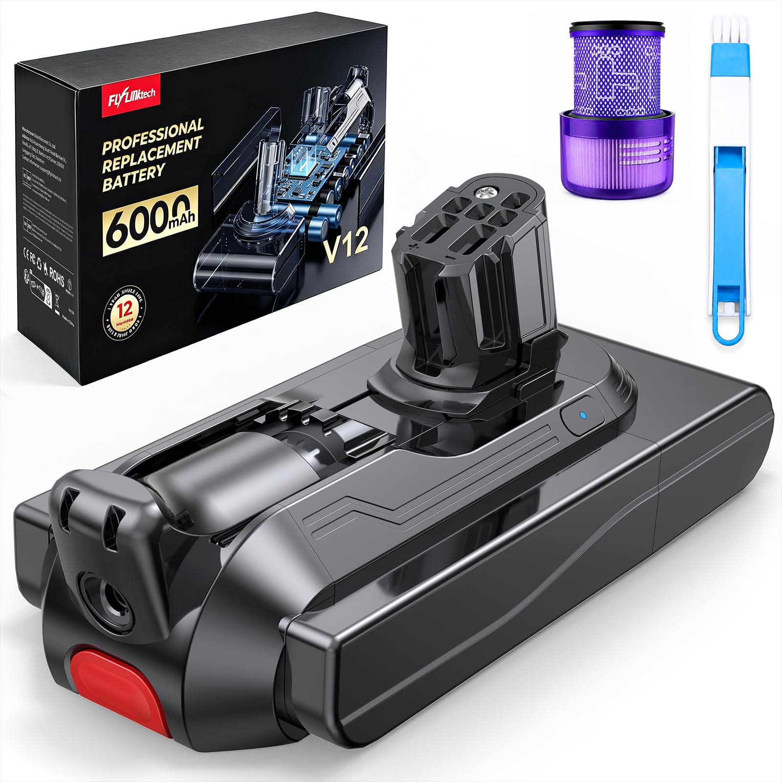 Batteria di Ricambio per Dyson V12, FLYLINKTECH 6000mAh Compatibile con V12 Detect Slim SV20, Absolute, Fluffy, Motorbar, V12s Submarine, Batteria ad Alta Capacità con Protezione BMS, Filtro Inclusi