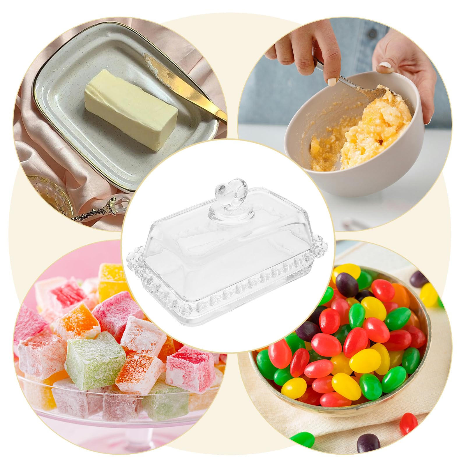 Mantequillera de Vidrio con Tapa y Cúpula para Mantequilla y Snacks, Capacidad Moderada, Reutilizable, Adecuado para Cocina Recibir Invitados