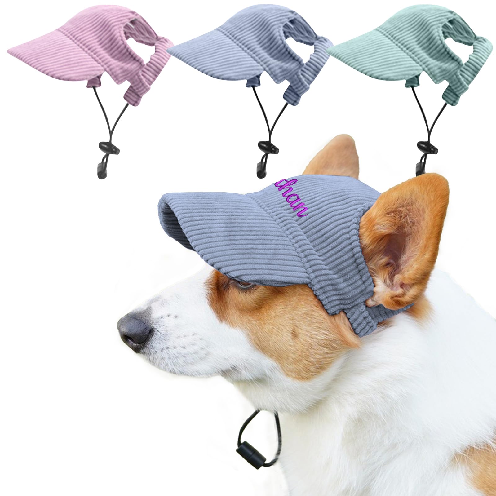 Personalized Dog Hat with Embroidery Name, UPF50+ UV Protection, Summer Outdoor Sun Hat for Small Dogs Cats with Ear Holes, Adjustable Rope Buckle Corduroy Blue L