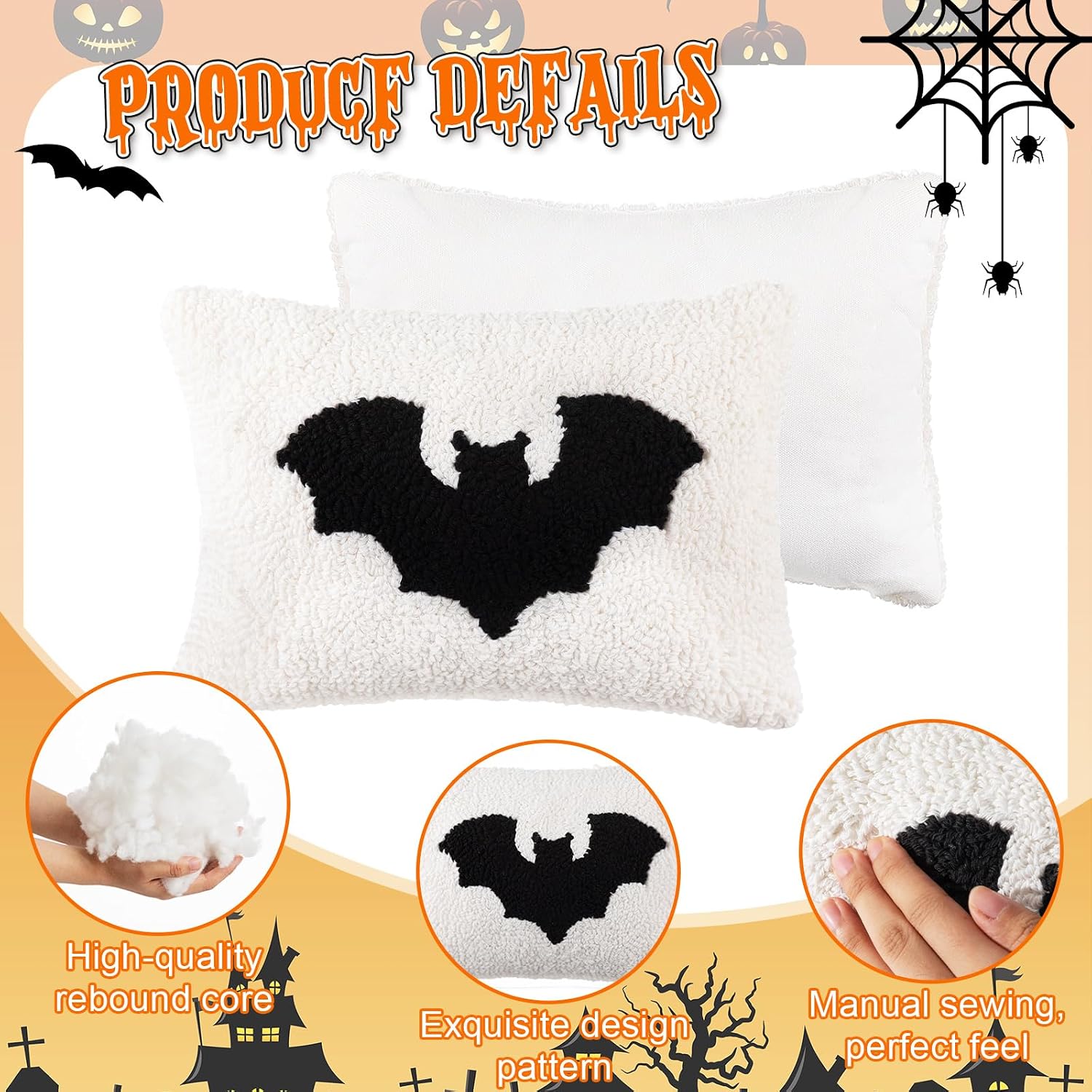 Peryiter Gothic Christmas Decor Bat Plush Pillows Needlepoint Bat Pillows Cute Handicraft for Xmas Halloween Sofa Bed Home Cushion Outdoor Party, 12 x 8 Inches