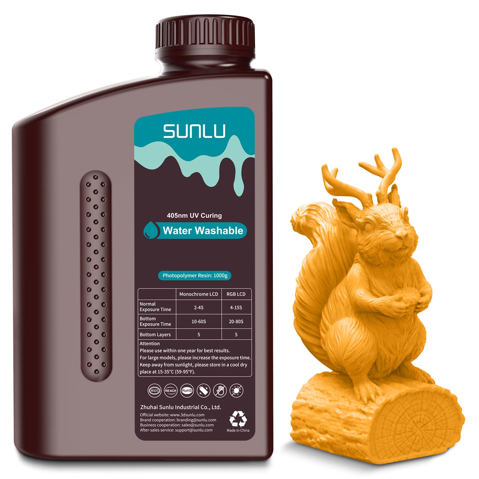SUNLU Water Washable 3D Printer Resin, Fast Curing Low Shrinkage, High Precision Photopolymer Resin for LCD/DLP/SLA Printers,395 to 405nm UV Resin, 1000g Orange