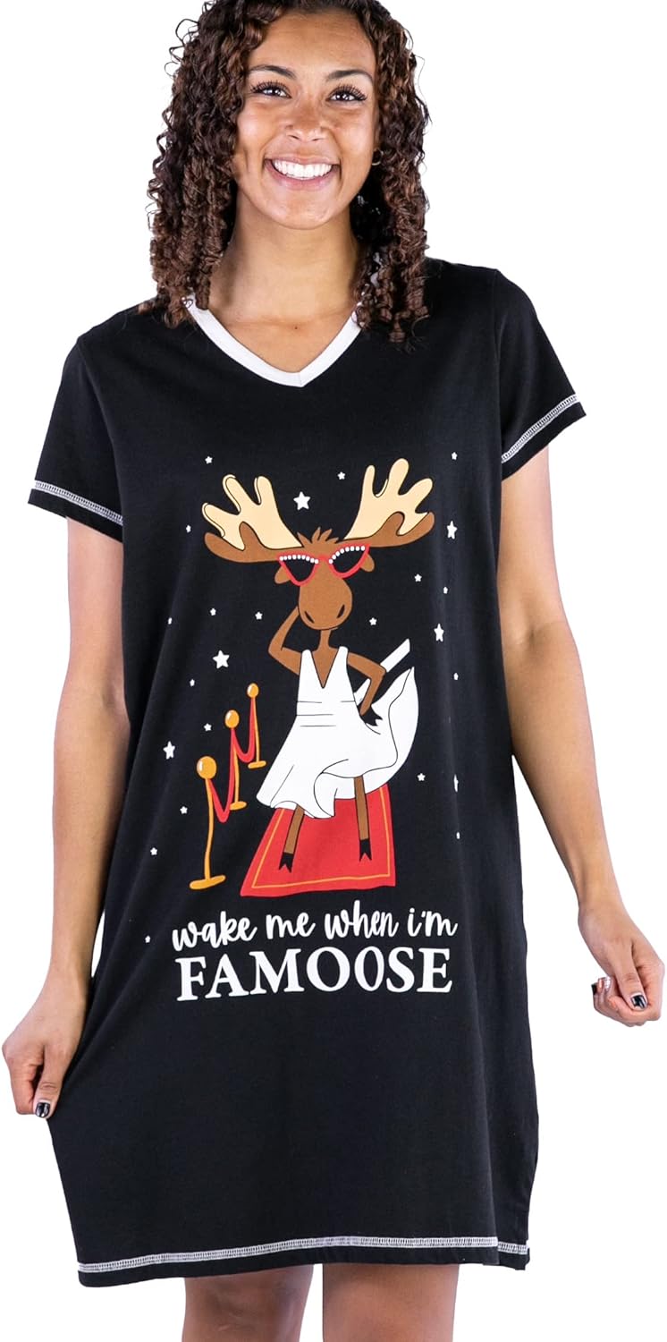 Lazy One Women's Nightgown, Funny V-Neck Sleep Shirt for Women, Bear & Moose Pajama Shirts