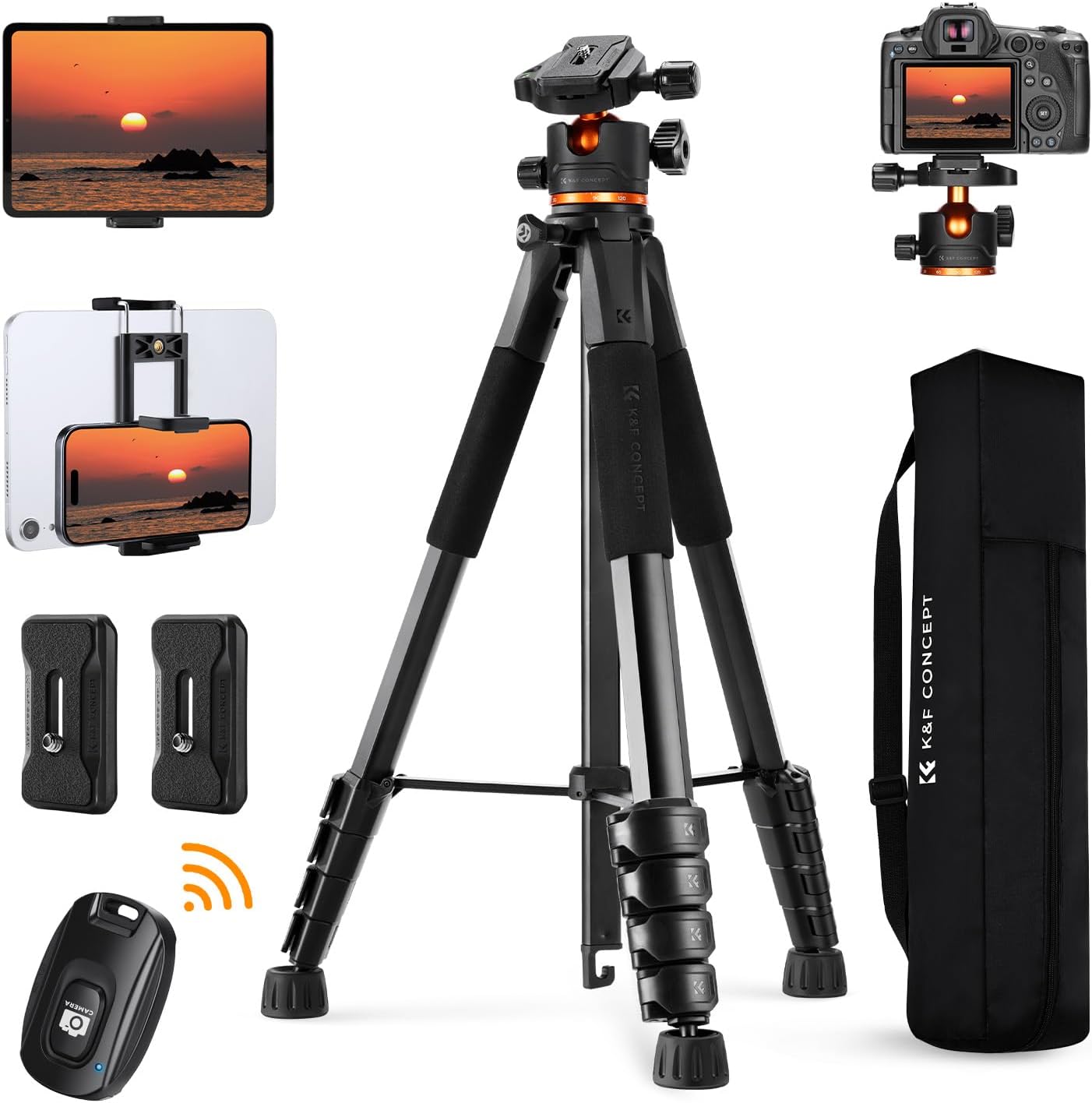 K&F Concept 75 inch/190cm Camera Tripod,Lightweight Travel Outdoor DSLR Tripods with 360 Degree Ball Head Load Capacity 8kg/17.6lbs,Cellphone Clip and Remote Control for Smartphone S255A3+BH-36