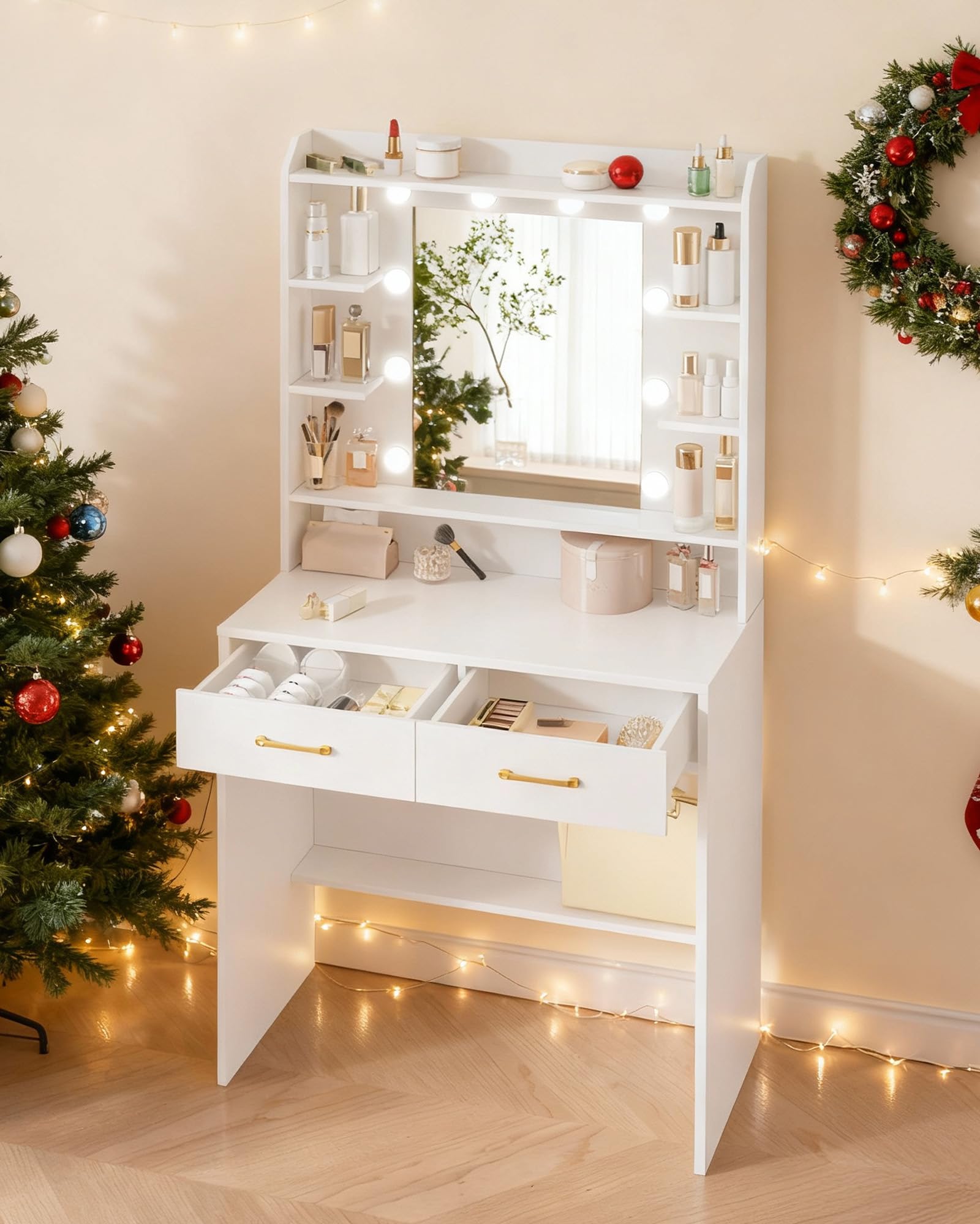 Toaletka Hzuaneri z Lustrem i Oświetleniem LED, Regulowana Jasność, Toaletka z Półkami i 2 Szufladami, do Sypialni, Salonu, 40 x 80 x 149 cm, Biała DT08203XV1