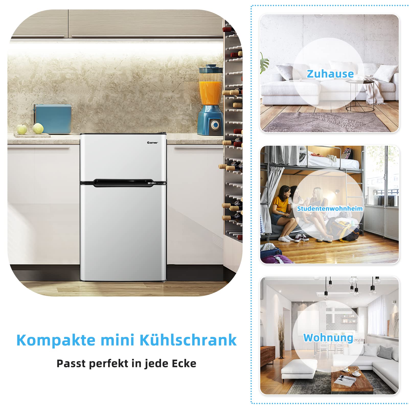 COSTWAY 90L Kühlschrank mit 27L Gefrierfach Kühl-Gefrier-Kombination Standkühlschrank Gefrierschrank mini Kühlschrank (grau)