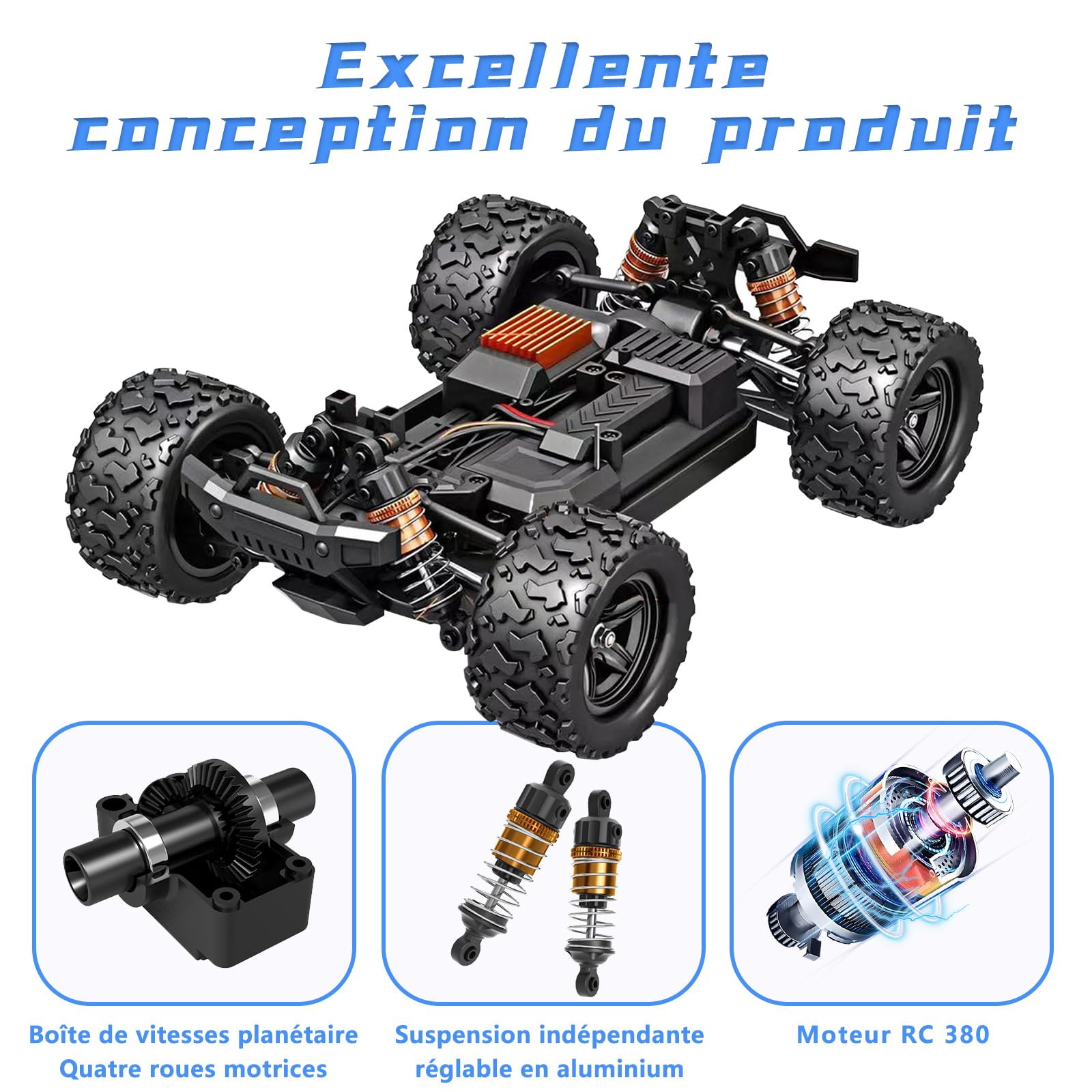 JONRRYIN Voiture Télécommandée, 1:18 4WD RC Voiture Radiocommandées avec 2 Batterie 60 Minutes, 2.4 GHz Tout Terrain Rapide Voiture, Jouet Monster Truck pour Enfant Adulte Anniversaire Cadeau