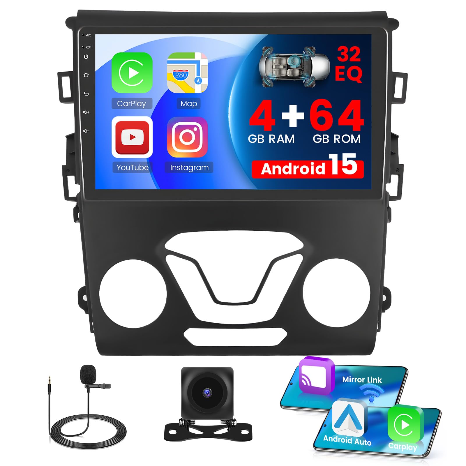 [4+64G] Car Stereo Radio for Ford Fusion Mondeo 2013 2014 2015 2016 2017 2018 2019 with Wireless CarPlay Android Auto MirrorLink 32EQ Bluetooth 5.0
