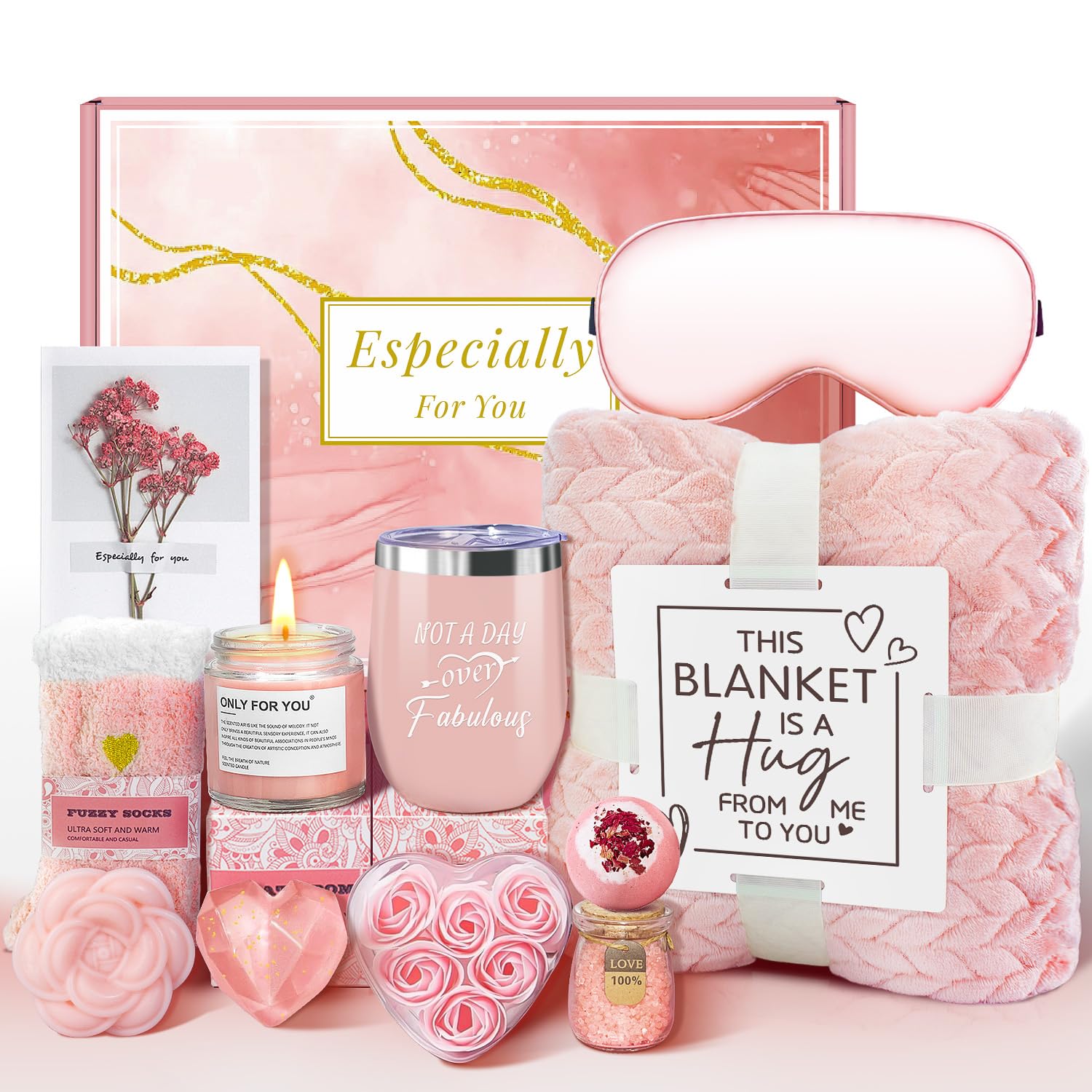 Birthday Gifts Basket for Women, Get Well Gifts, Spa Care Package with Flannel Blanket, Tumbler - Valentine's, Mother's Day, Christmas Gifts for Women, Mom, Wife, Girlfriend, Friends, Sister