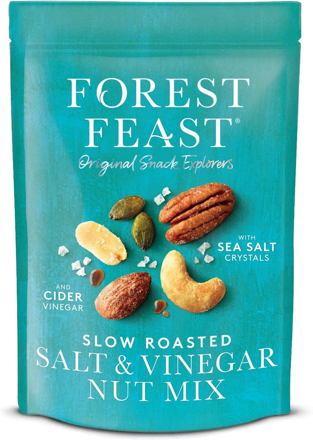 FOREST FEAST Mieszanka wolno palonej soli i octu orzechów 8 x 120 g | sól morska i ocet cydr prażone orzechy orzechowe z orzechami nerkowca, migdałami, orzeszkami ziemnymi, pekanami i nasionami dyni | wegańska przekąska