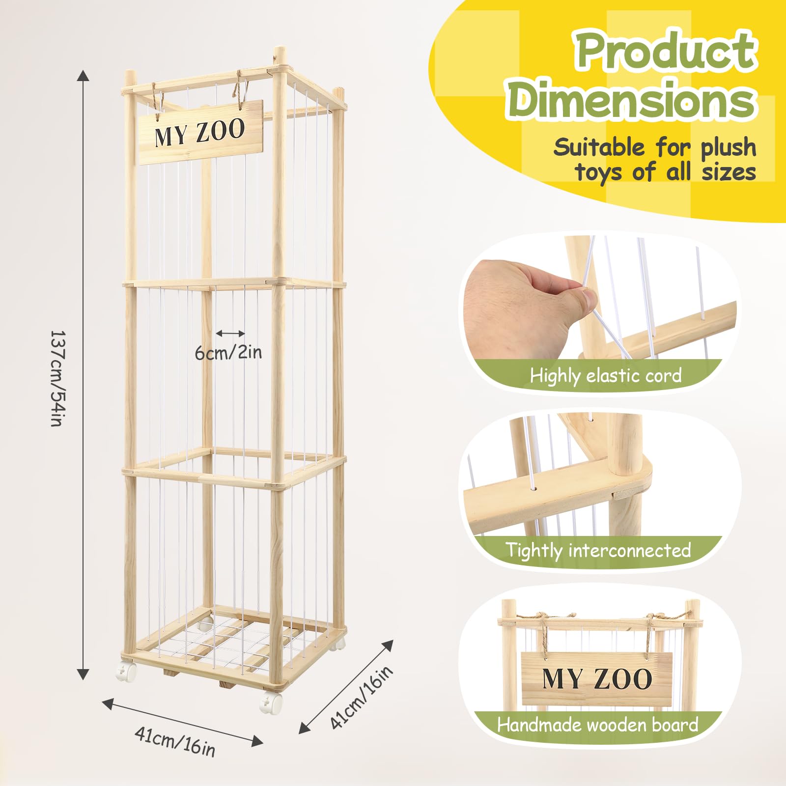 Almacenamiento de peluches de madera, 135 x 40 x 40 cm, con freno de 360°, ruedas equipadas para peluches, peluches, juguetes de peluche, juguete de peluche para habitación de los niños, sala de