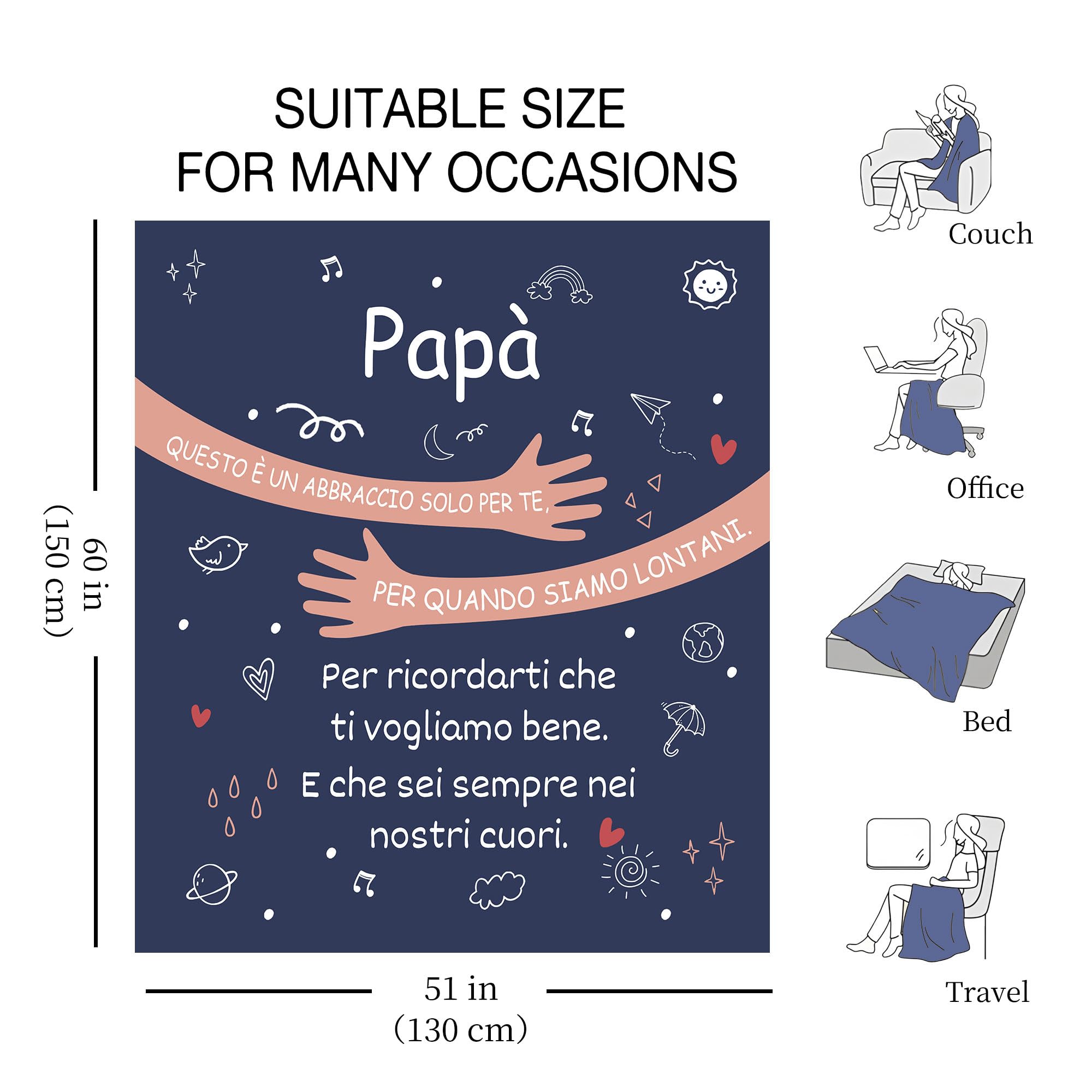 Papà Questo è un abbraccio solo per te per quando siamo lontani Per ricordarti che ti vogliamo bene E che sei sempre nei nostri cuori Coperta per Papà Compleanno Festa del papà Regalo di Natale