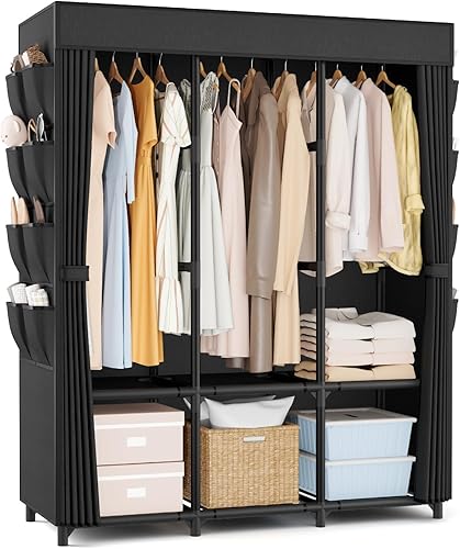 Miniatura 14 de Armario Portátil para Colgar Ropa, Armario Portátil de 67 Pulgadas de Ancho con Cubierta, 4 Barras para Colgar, Estantes de Almacenamiento y