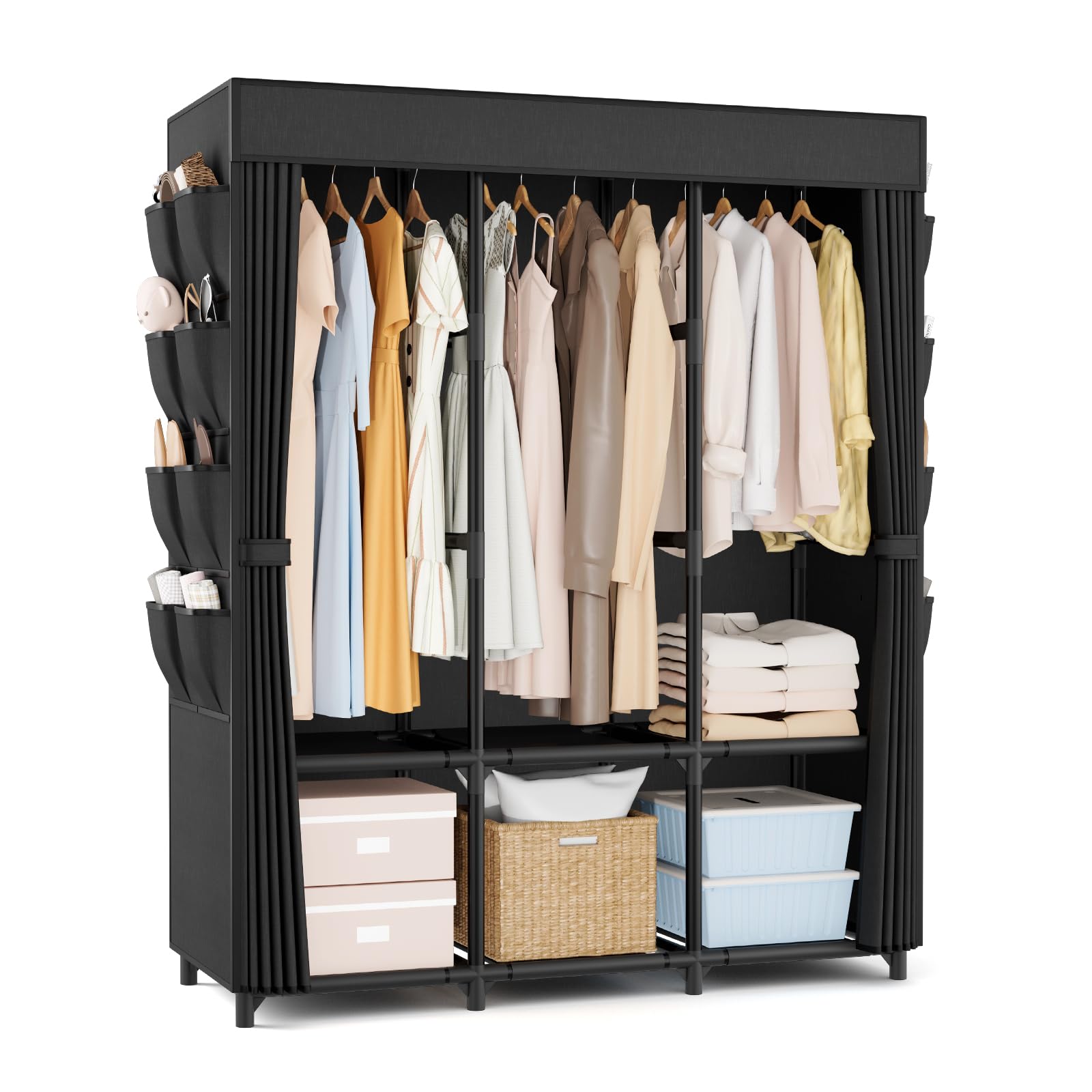 BrFoYu Wardrobe Closet, Portable Closets for Hanging Clothes 19mm Steel Tube Portable Wardrobe Closet for Bedroom, Clothes Rack with Cover, 3 Hanging Rod, 6 Storage Shelves and Side Pocket