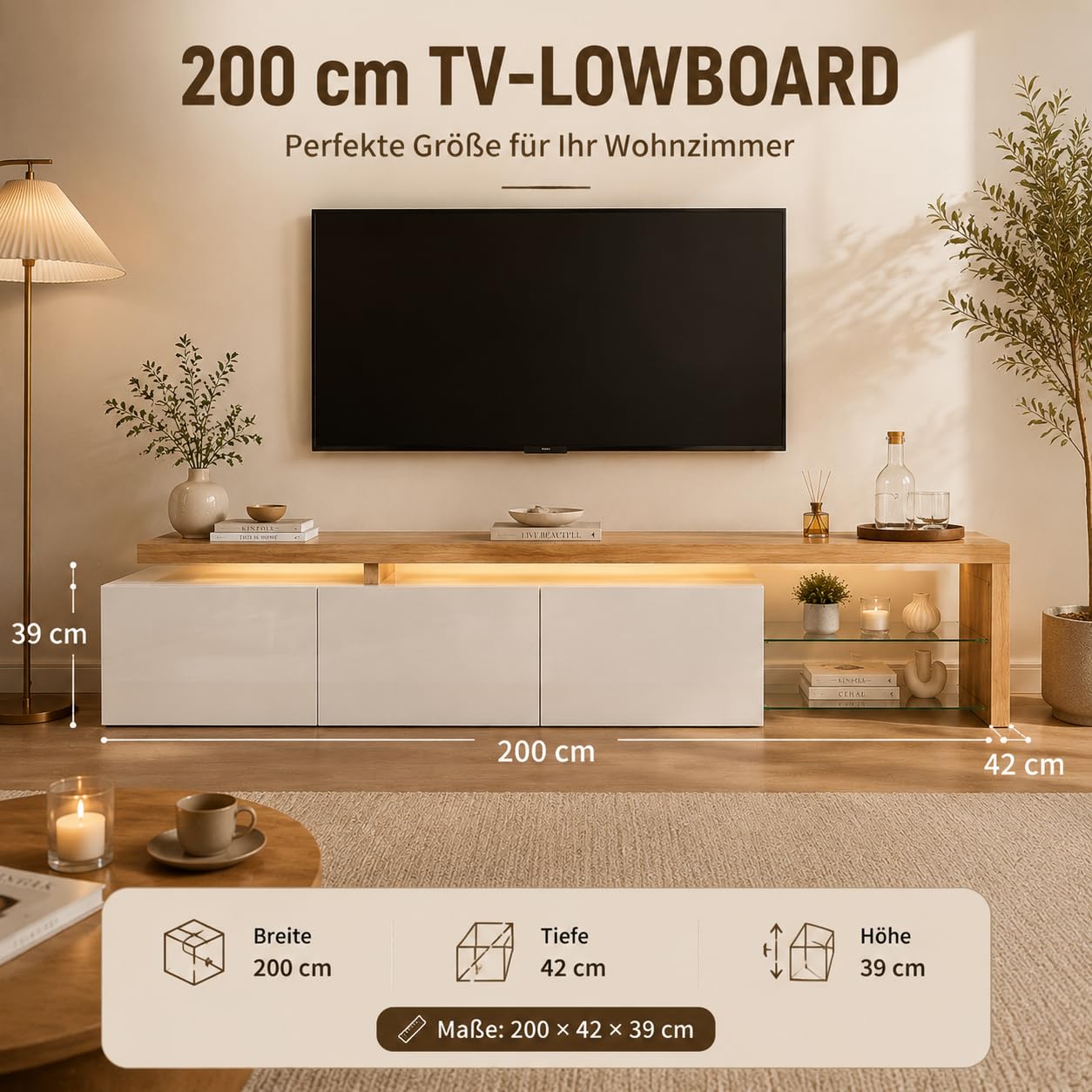 Niska szafka pod telewizor 200 cm z diodami LED, wysoki połysk, imitacja drewna, szklane półki | 3 drzwi, otwarta półka, 7 kolorów LED za pomocą pilota zdalnego sterowania, 200 x 42 x 39 cm, płyta wiórowa