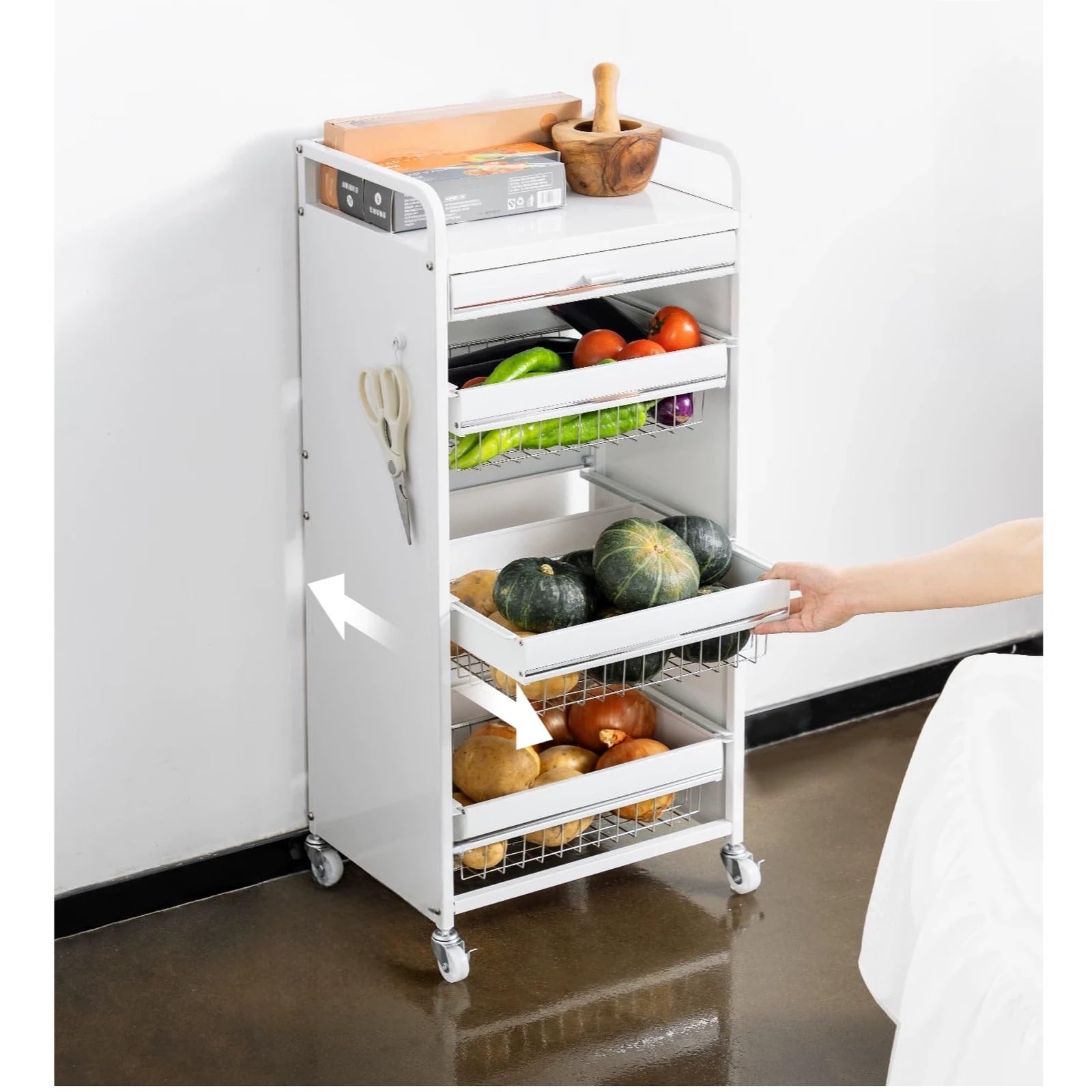 Carro de Almacenamiento Cocina con cajones 4 Niveles, Estante Organizador Cesta Frutas y Verduras rodante Carro Utilitario(Pequeño)