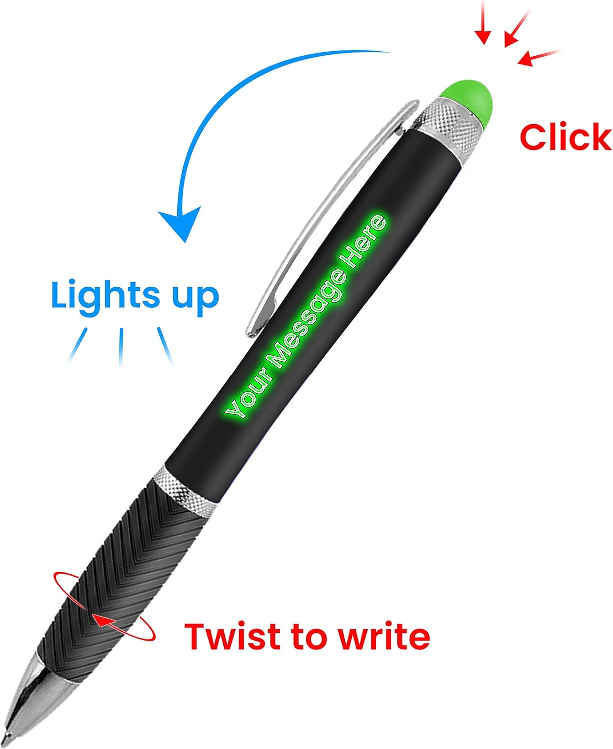 Personalized Pens-100 Pack Bulk-Free Laser Engraving - 3 In Ballpoint Pen, Stylus and Light Up Personalized Area - Custom Business Name, Text, Logo or Gift Message, For Parties and Events, Assorted
