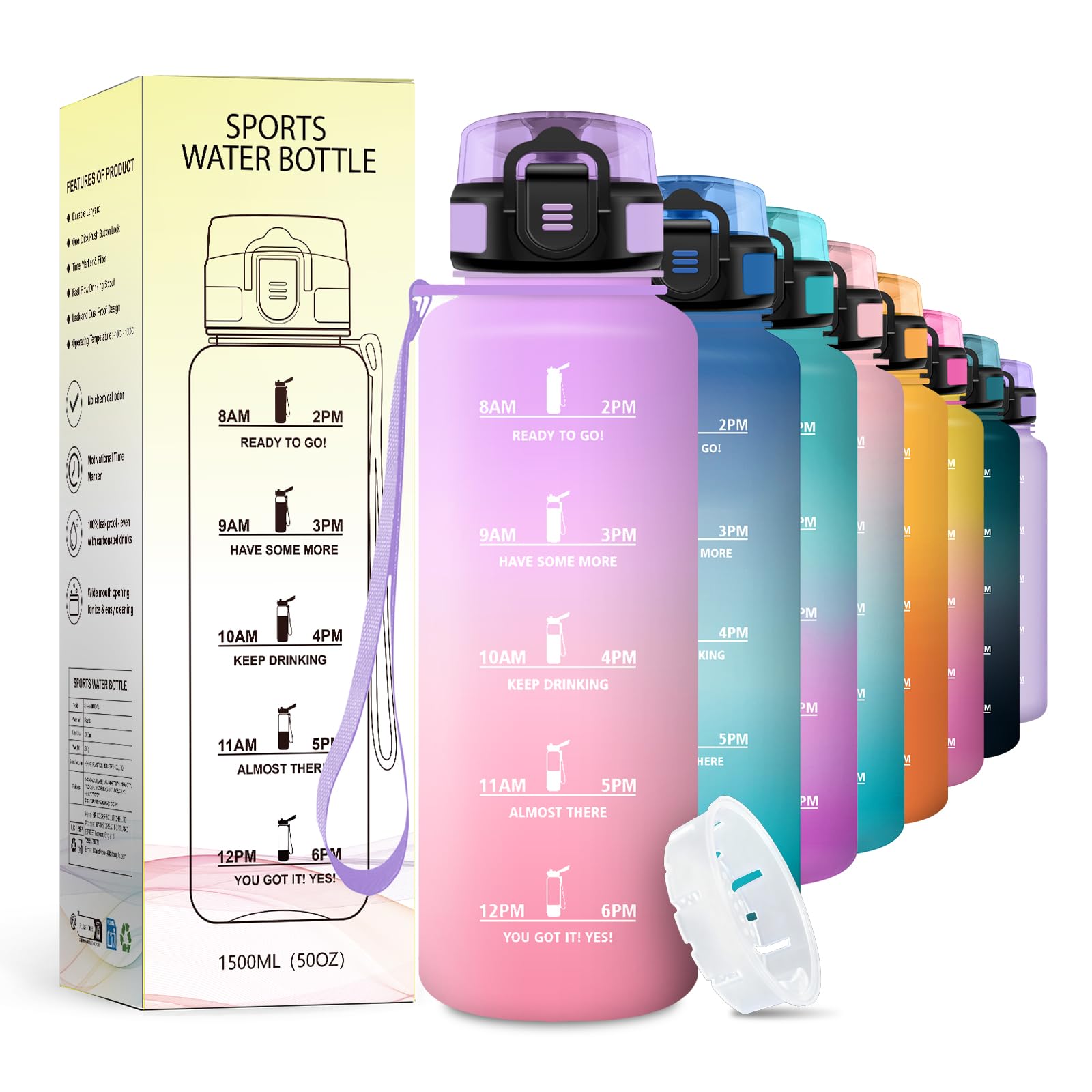 Borraccia Sport 1,5L, Bottiglia con Filtro Senza Perdite, Bottiglia Acqua Sportiva con Indicatore del Tempo, per Campeggio, Viaggio, Gym