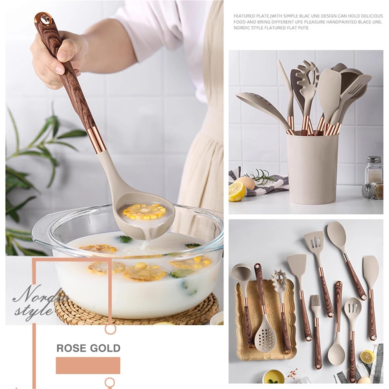 Silikon Küchenhelfer Set Kochutensilien-Set aus Silikon for die Küche, hitzebeständig, rosévergoldeter Griff, Antihaft-Spatel, Löffel(K007)