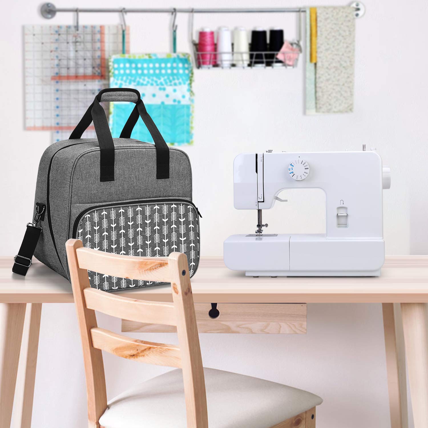 Yarwo Bolsa para Máquina de Coser, Maletas de Transporte Máquinas de Coser Adecuado para la Mayoría de Las Máquinas de Coser, Gris con Patrón de Flecha