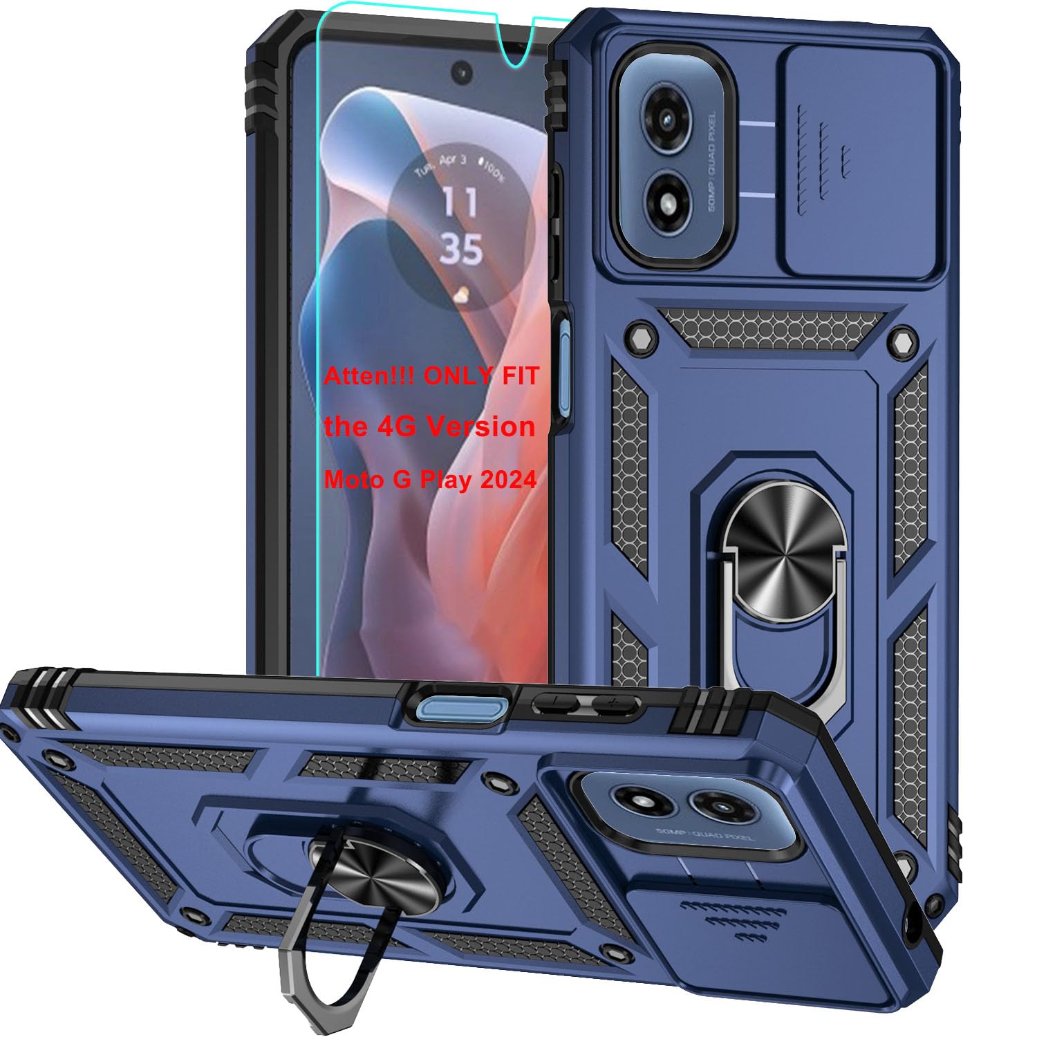 Amazon.com: for Moto G Play 2024 Case, Soft Silicone Rubber Bumper Hard  Plastic Phone Case with [Sliding Camera Lens Cover] [360 Rotatable  Kickstand Ring] [HD Screen Protector] for Motorola G Play 2024