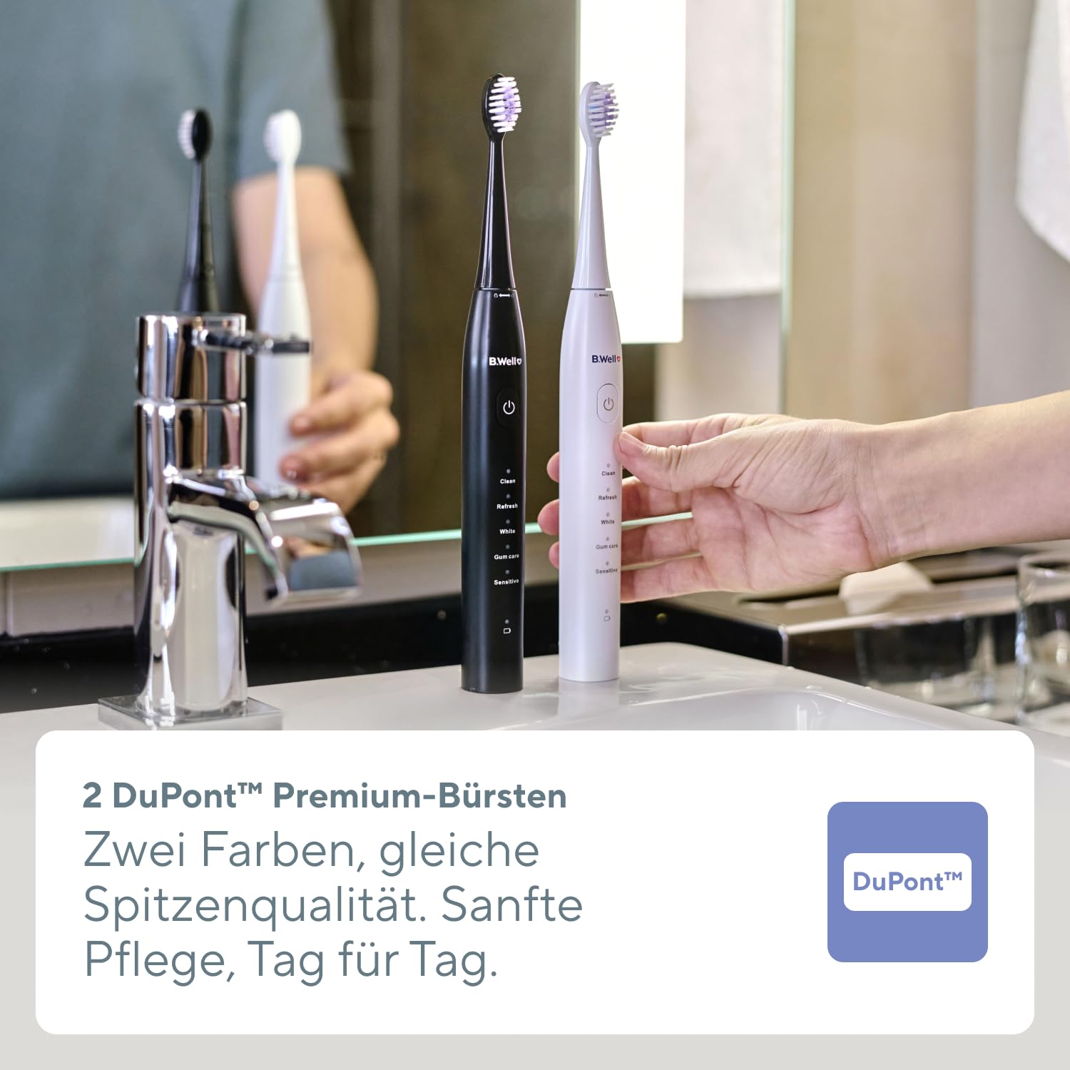 B.Well Swiss Elektrische Schallzahnbürste PRO-850, Zahnbürste mit 5 Betriebsmodi, 2 Monaten Akkulaufzeit und Timer, Inkl. 2 verschiedenfarbiger Bürstenköpfe mit DuPont-Premium-Borsten, Schwarz